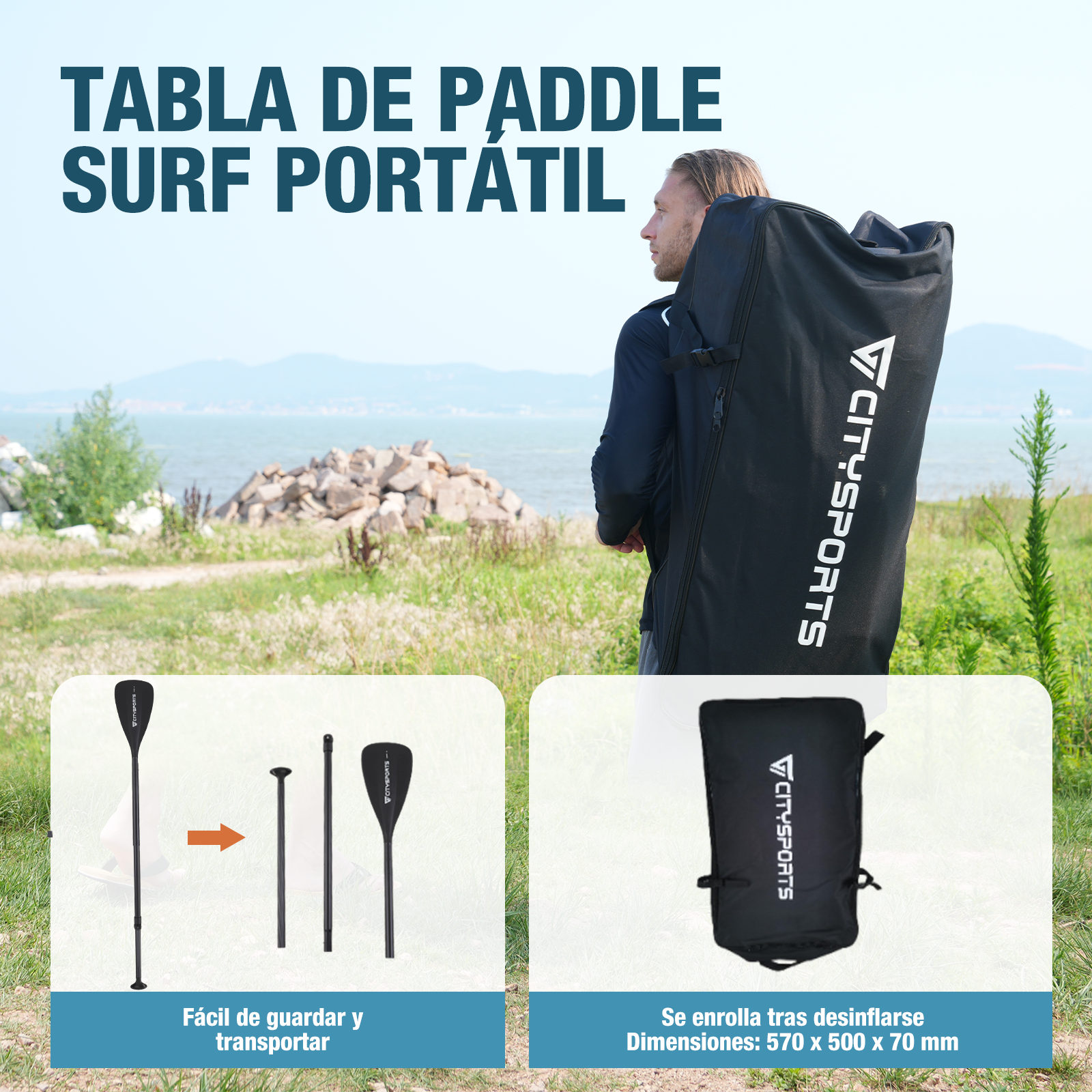 Hombre cargando una bolsa de paddle surf. Abajo, imágenes de un remo y una bolsa enrollada. Campo verde, agua y montañas al fondo.