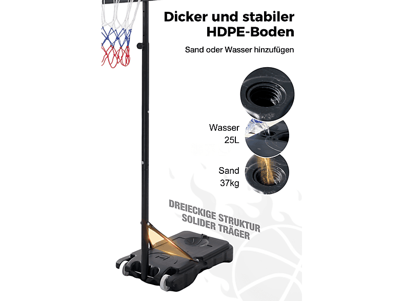 SUBTLETY Transportabler Basketballkorb – Höhenverstellbar 150–305 Cm, PE-Basis Mit Wasser/Sand, Rollen, PVC-Brett, Für Indoor & Outdoor