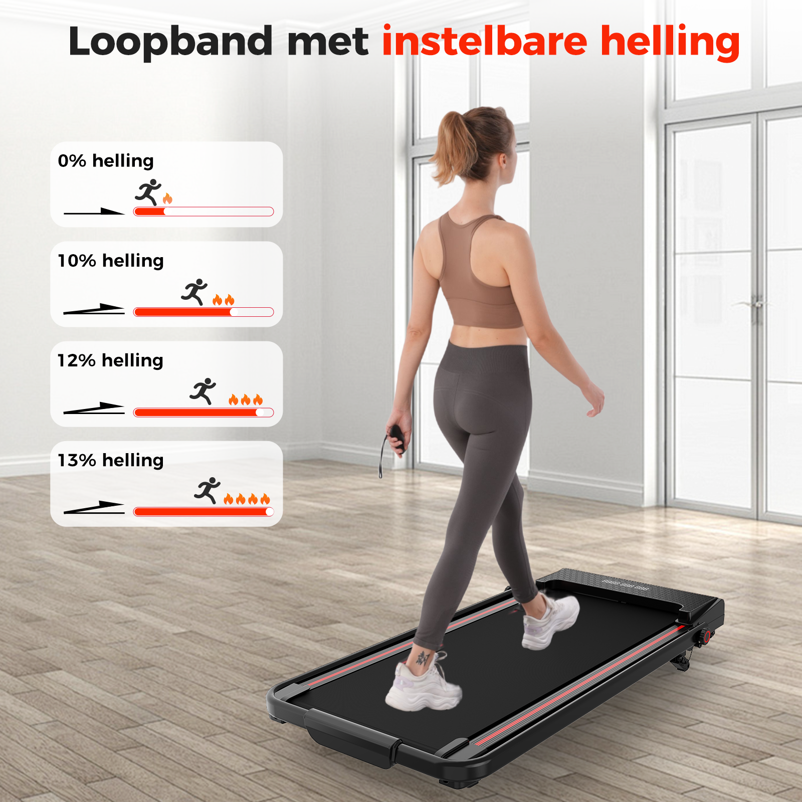 A woman walks on a treadmill. Graphics show incline levels: 0%, 10%, 12%, 13%. Text says 'Loopband met instelbare helling'.