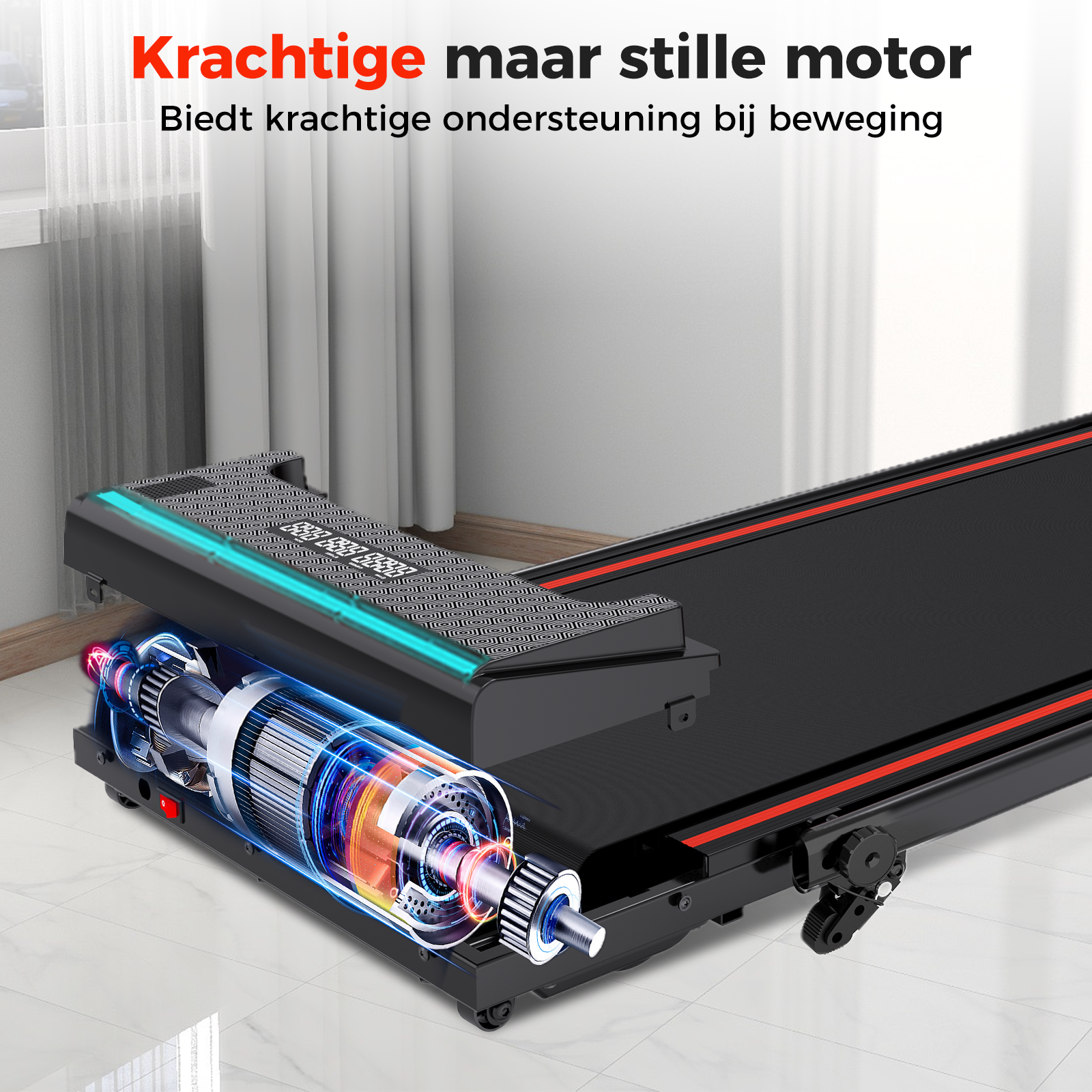 Treadmill with exposed motor. Black and red design. Text: 'Krachtige maar stille motor'.