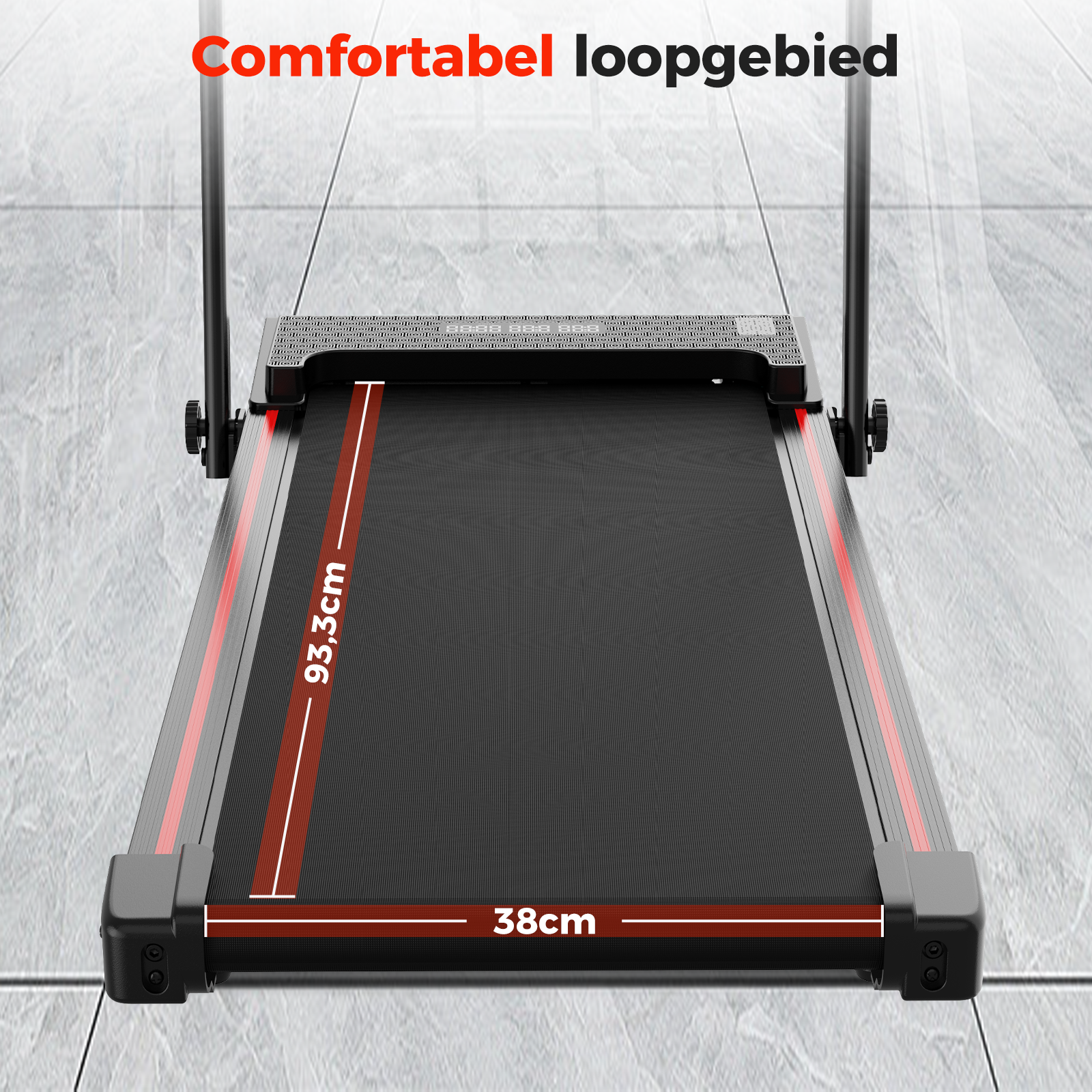 Black treadmill with red accents. Text reads 'Comfortabel loopgebied' and dimensions 93.3cm x 38cm on a gray tiled floor.