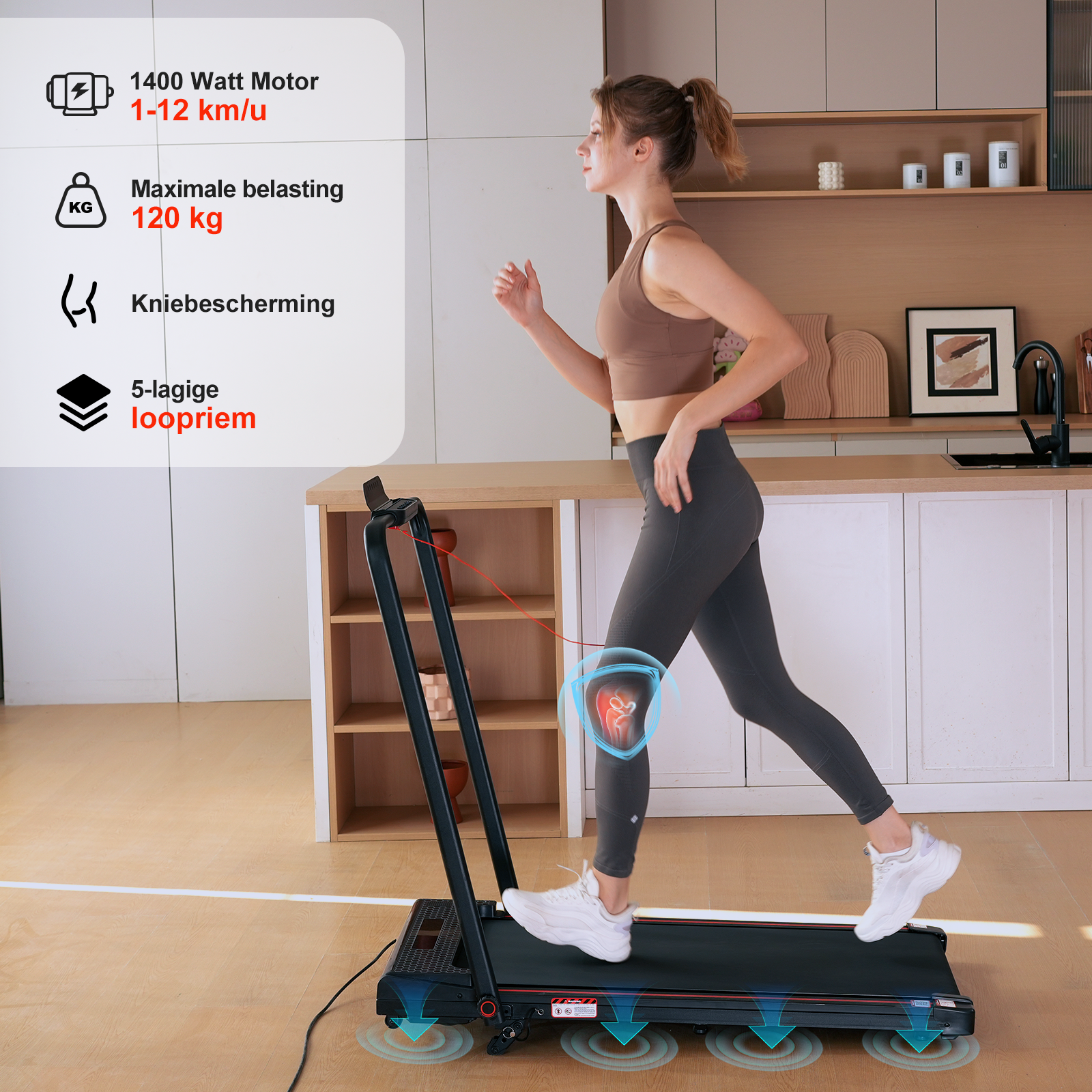 Woman running on a treadmill in a kitchen. The treadmill has a monitor showing the knee joint. Text shows motor, max load.