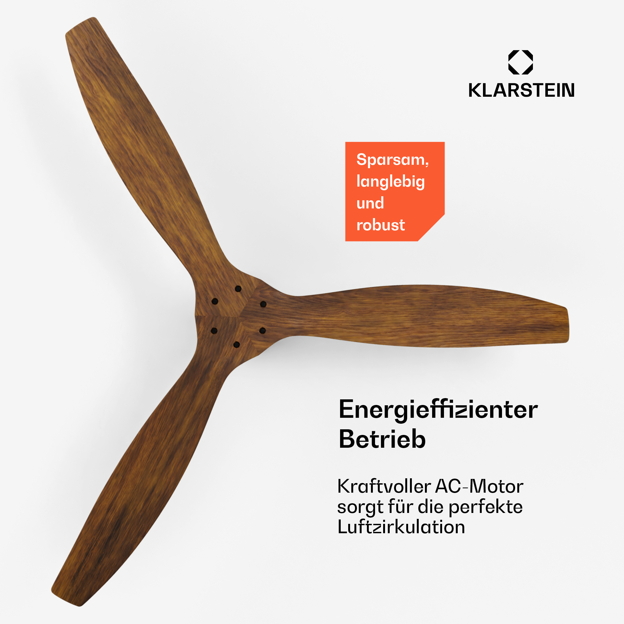 Un ventilatore a soffitto con tre pale in legno e un testo che evidenzia l'efficienza energetica e il design robusto.