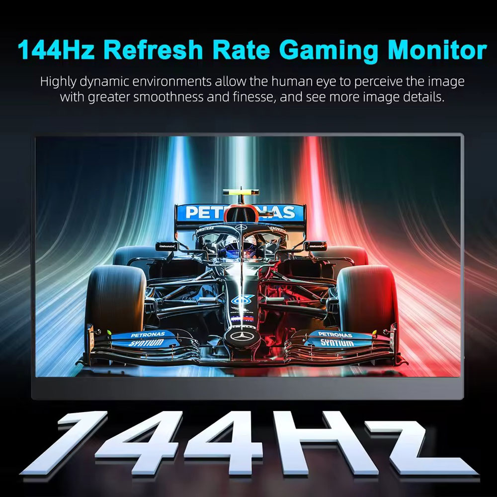Un monitor de juegos muestra un coche de carreras con estelas de luz rojas y azules dinámicas. El texto '144Hz' está abajo.