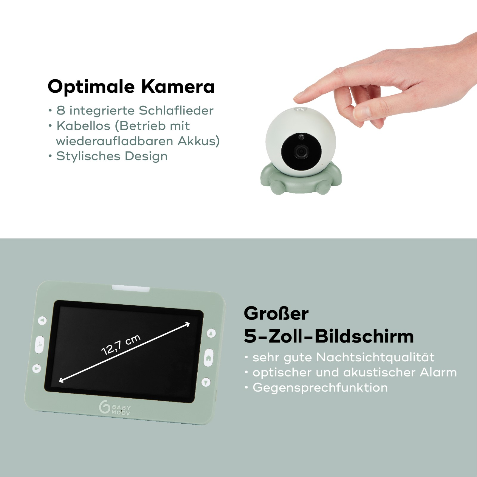 Ein Babyphone mit Bildschirm und Kamera. Text auf dem Bildschirm, der ein Baby zeigt.