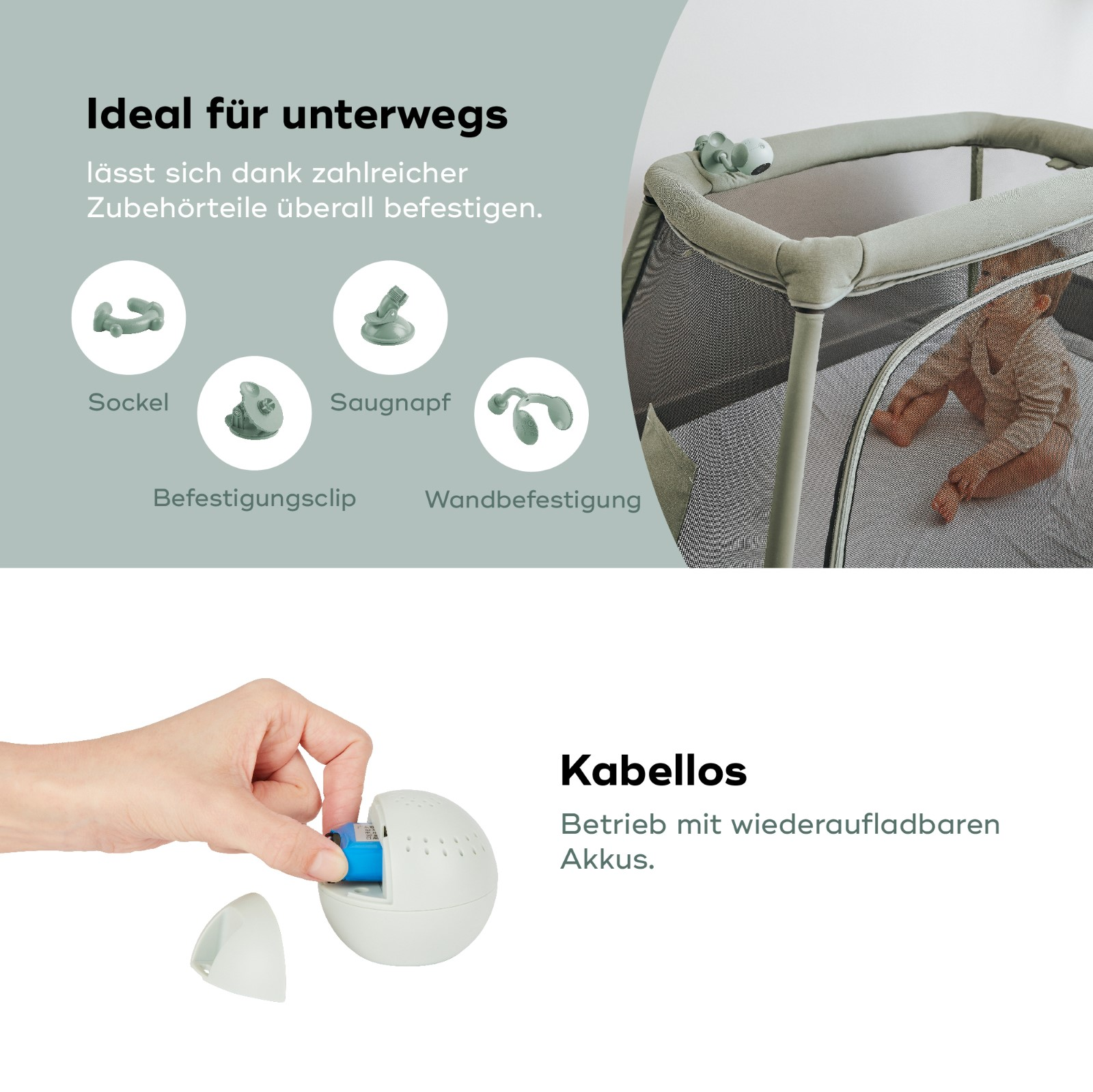 Verschiedenes Babyphone-Zubehör und ein Laufstall. Eine Hand zeigt das Einlegen von Batterien.