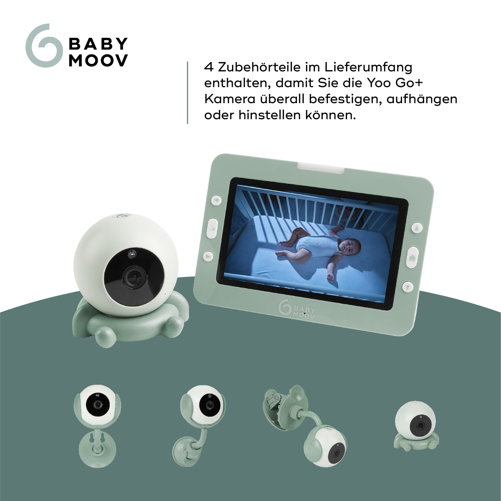 Ein Babyphone mit mehreren Kameras und einem Bildschirm. Der Bildschirm zeigt ein Baby.