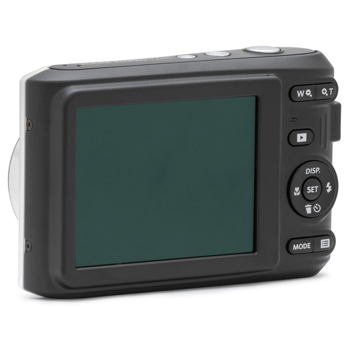 Widok z tyłu aparatu Kodak Pixpro FZ45. Pokazuje ekran, przyciski i lampę błyskową.