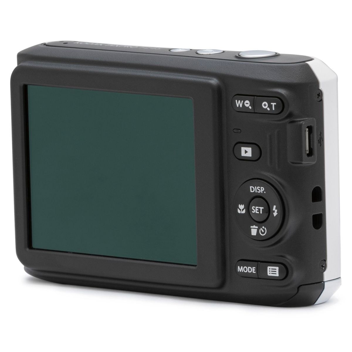 Widok z tyłu aparatu Kodak Pixpro FZ45, pod kątem. Pokazuje ekran, przyciski i port USB.