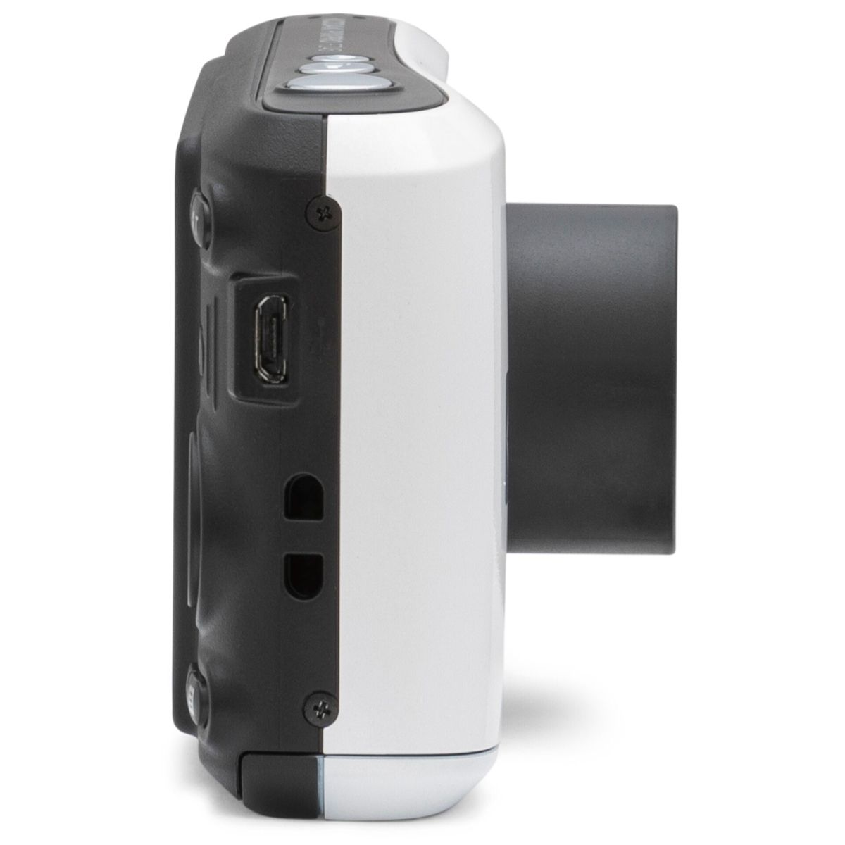 Widok z boku aparatu. Czarno-biały, z obiektywem wystającym z boku.