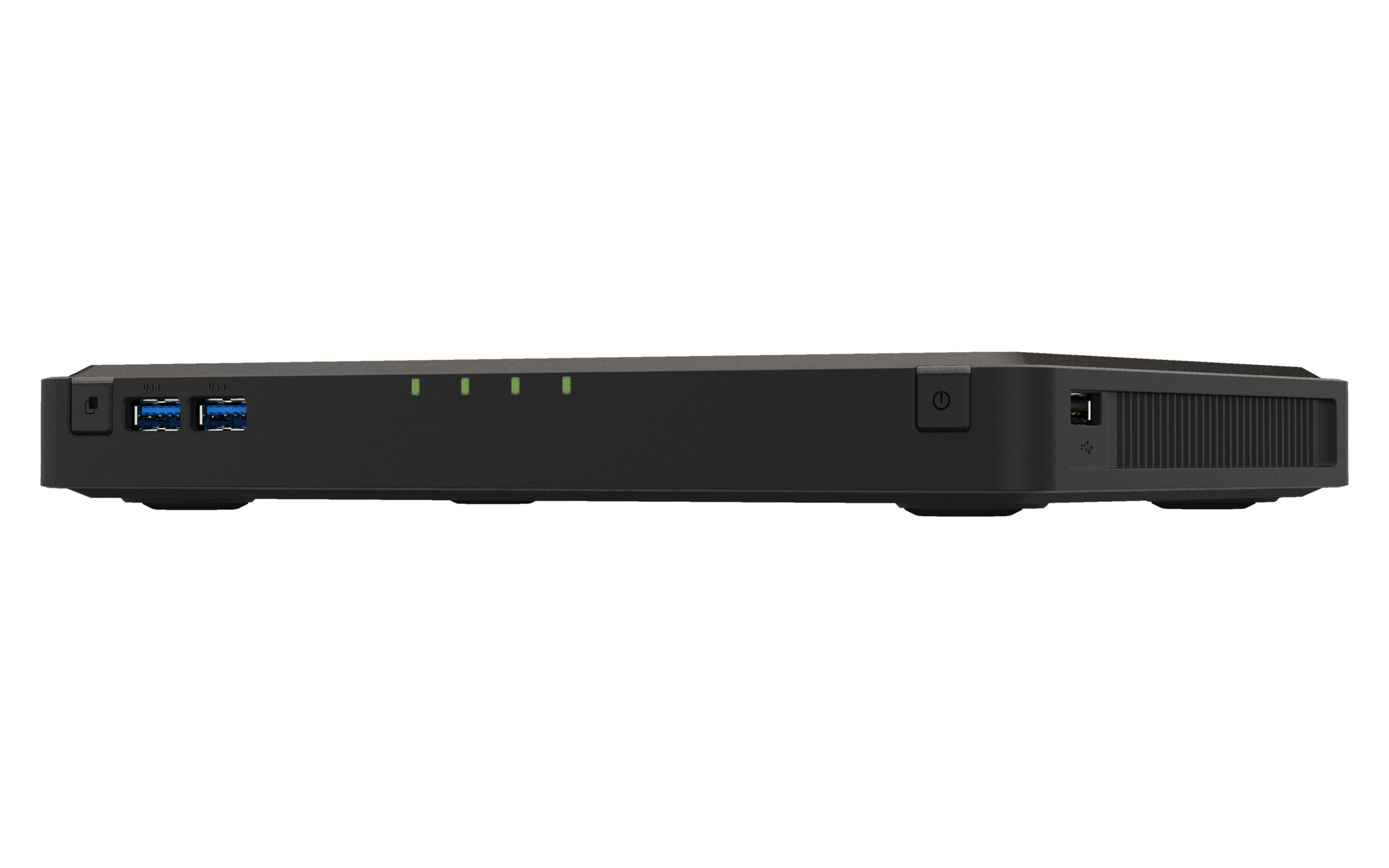 Ein schwarzes Gerät mit USB-Anschlüssen, Netzschalter und Kontrollleuchten. Es hat ein schwarzes Gehäuse und liegt auf Weiß.