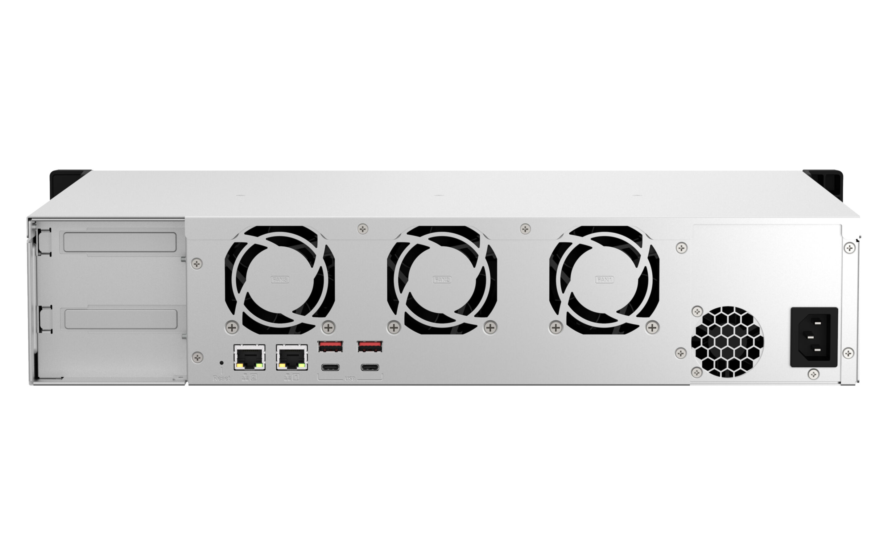 Die Rückansicht eines weißen Servers mit Lüftern, Anschlüssen und Stromeingang. Es ist auf weißem Hintergrund.