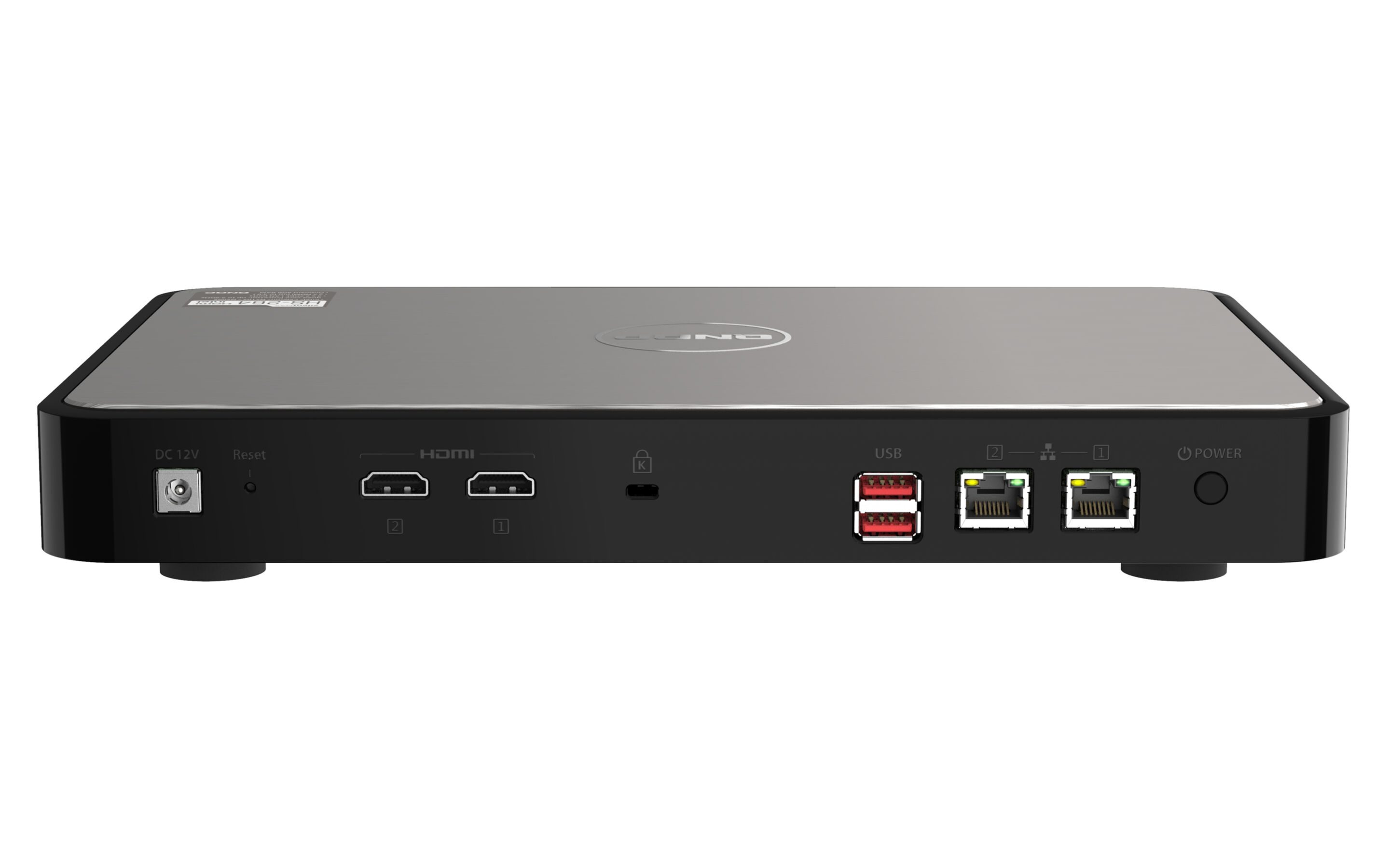 L'arrière d'un appareil noir avec des ports, dont HDMI et USB. Il est sur fond blanc.