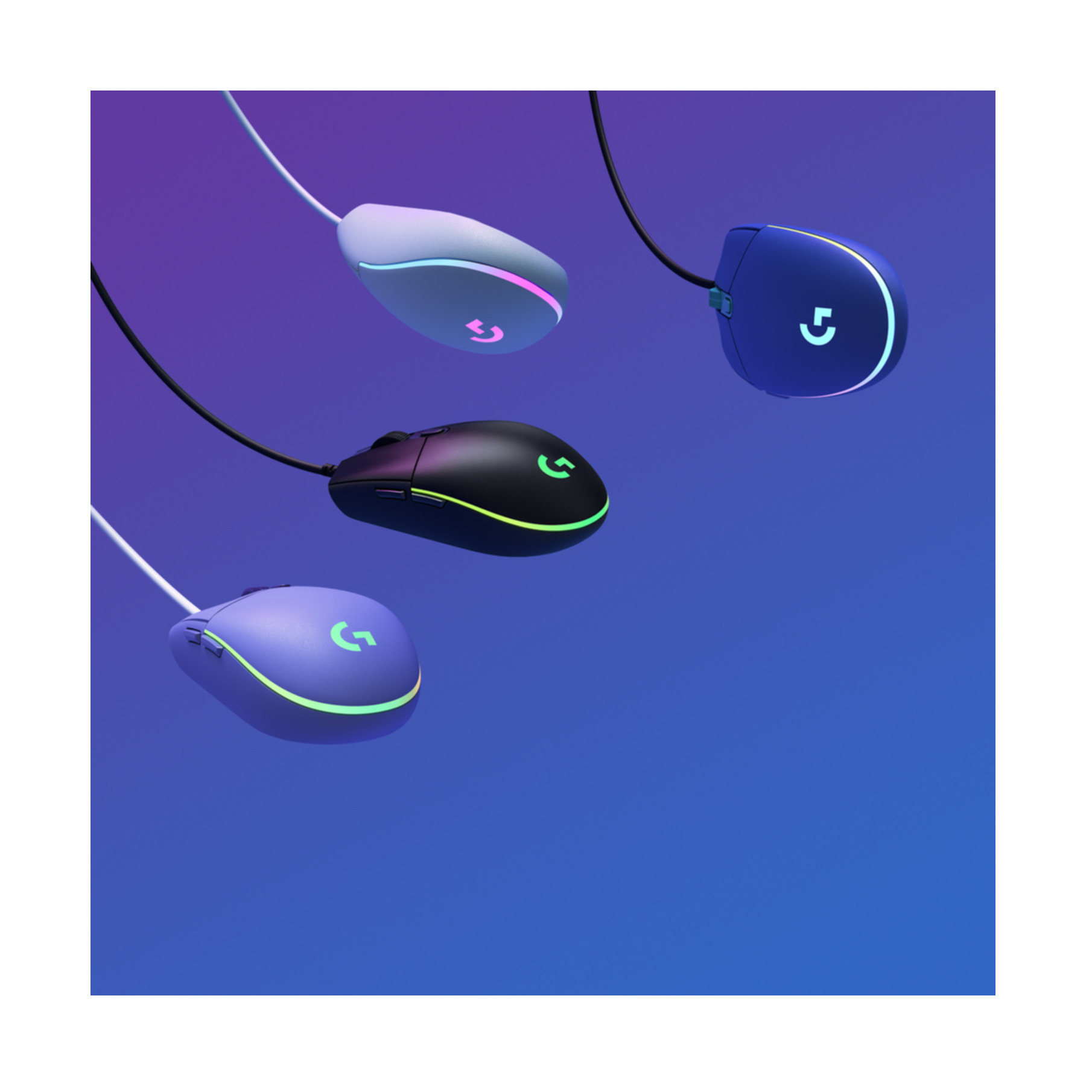Four Logitech gaming mice. White, black, blue, and purple. Each has a glowing logo and cable.