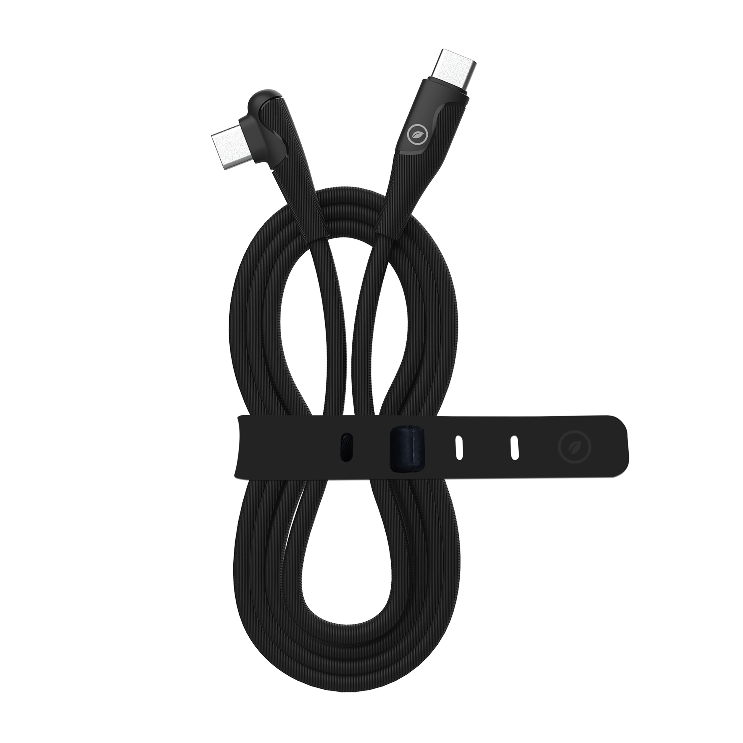 Cable USB-C negro, en bucle y asegurado con una correa negra. El cable está en una superficie blanca.