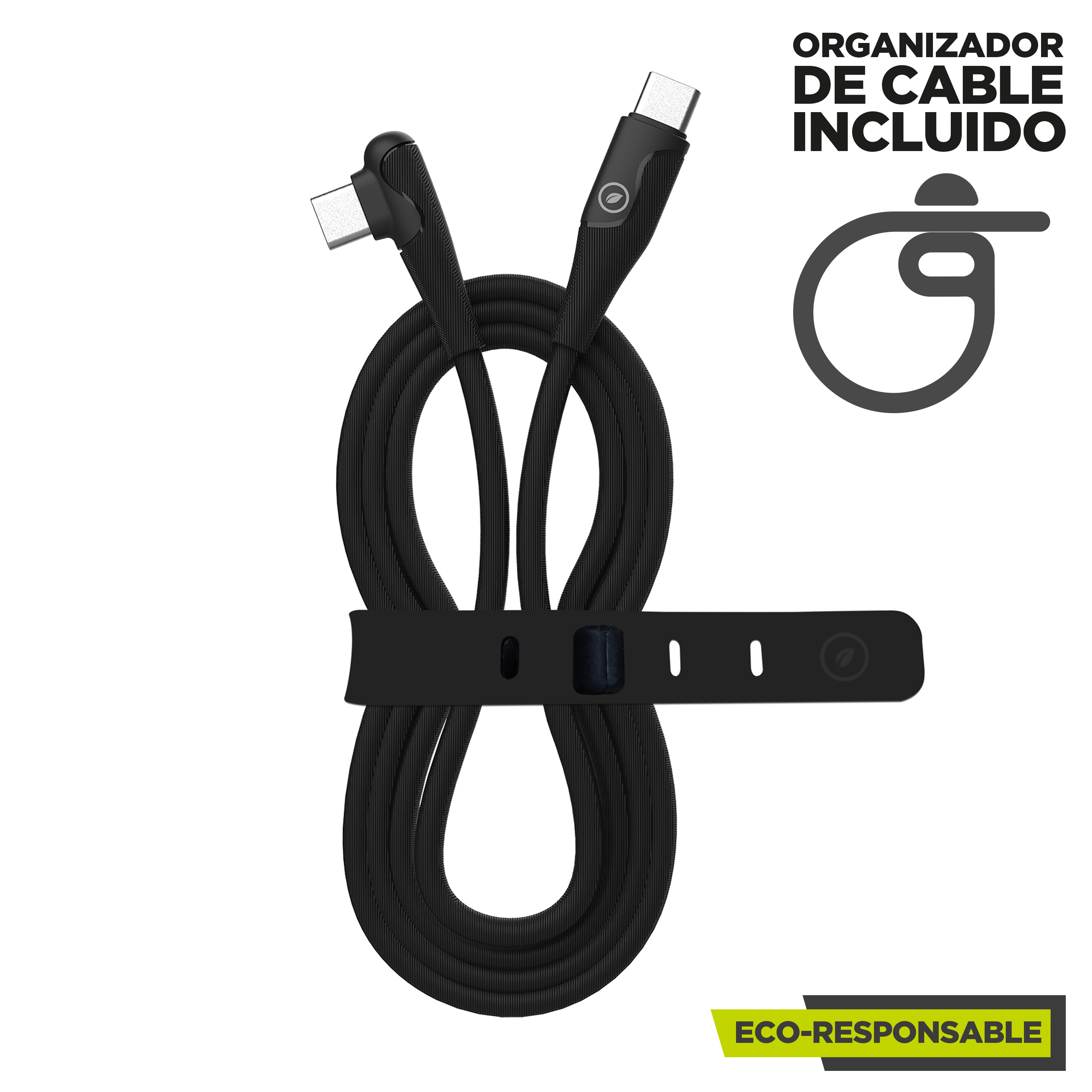 Un cable negro con un lazo y una banda. El texto en el empaque indica que es eco-responsable.