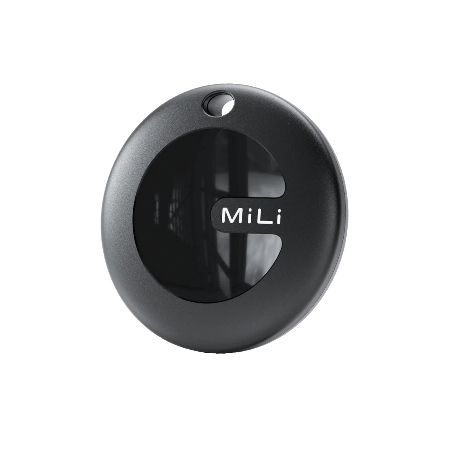 Dispositivo negro y redondo con agujero y texto 'MiLi'. Tiene un centro oscuro y circular.