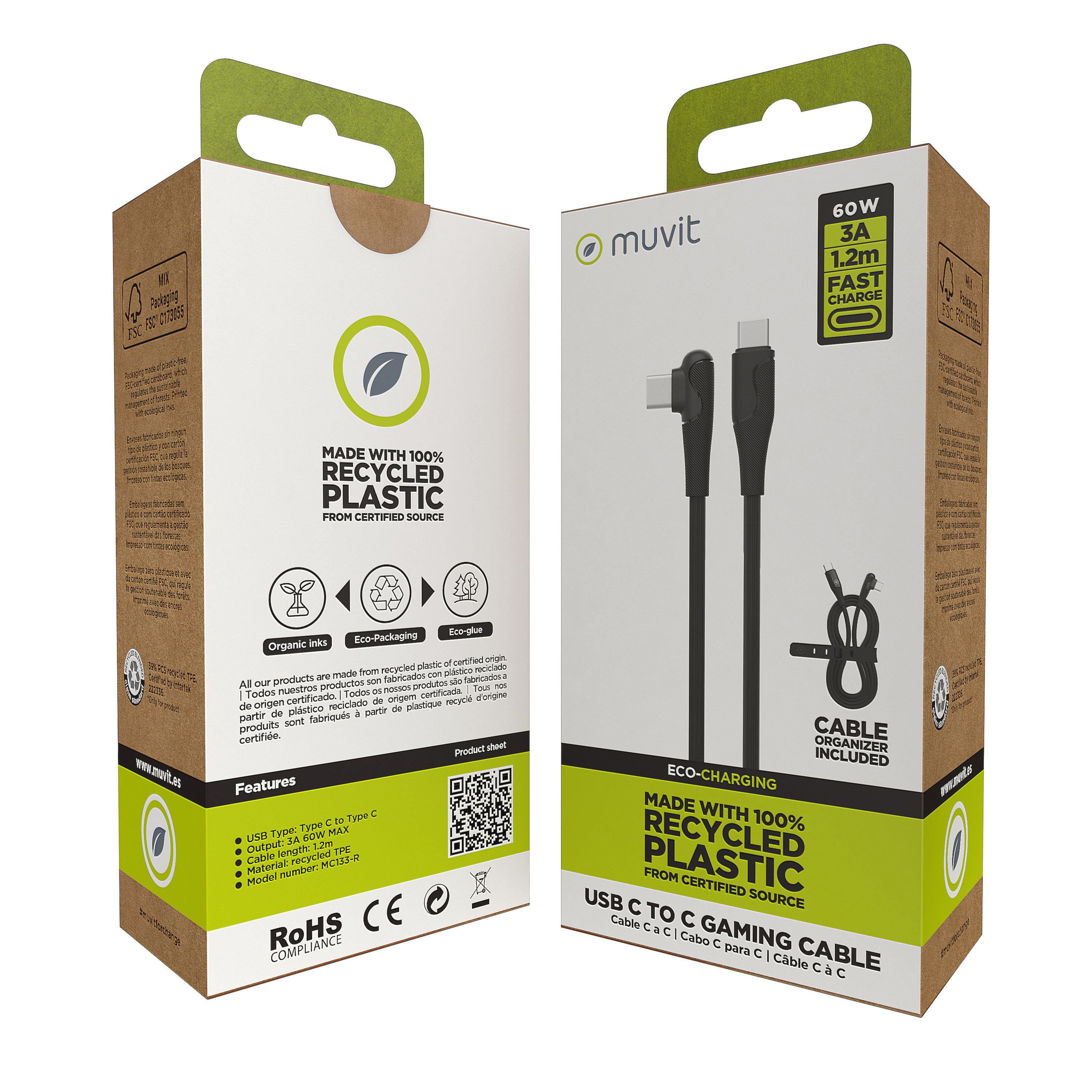 Cajas de producto: una con cable USB-C negro, la otra con el cable y texto 'Eco-Charging'.