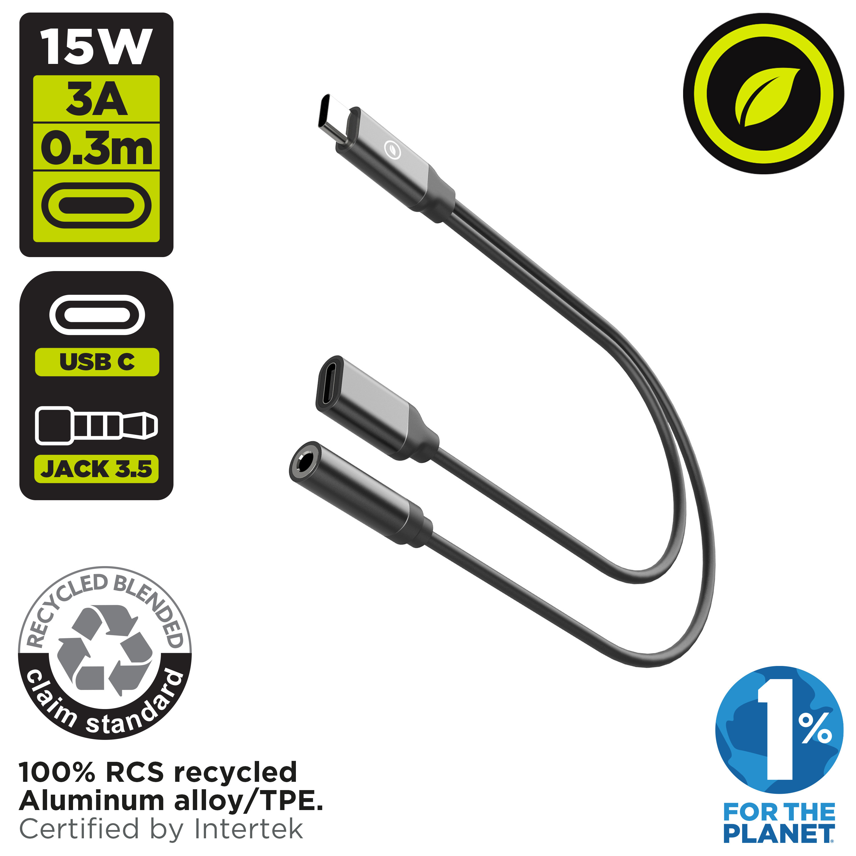 Adattatore audio da USB-C a 3,5 mm nero con porta USB-C e jack da 3,5 mm.