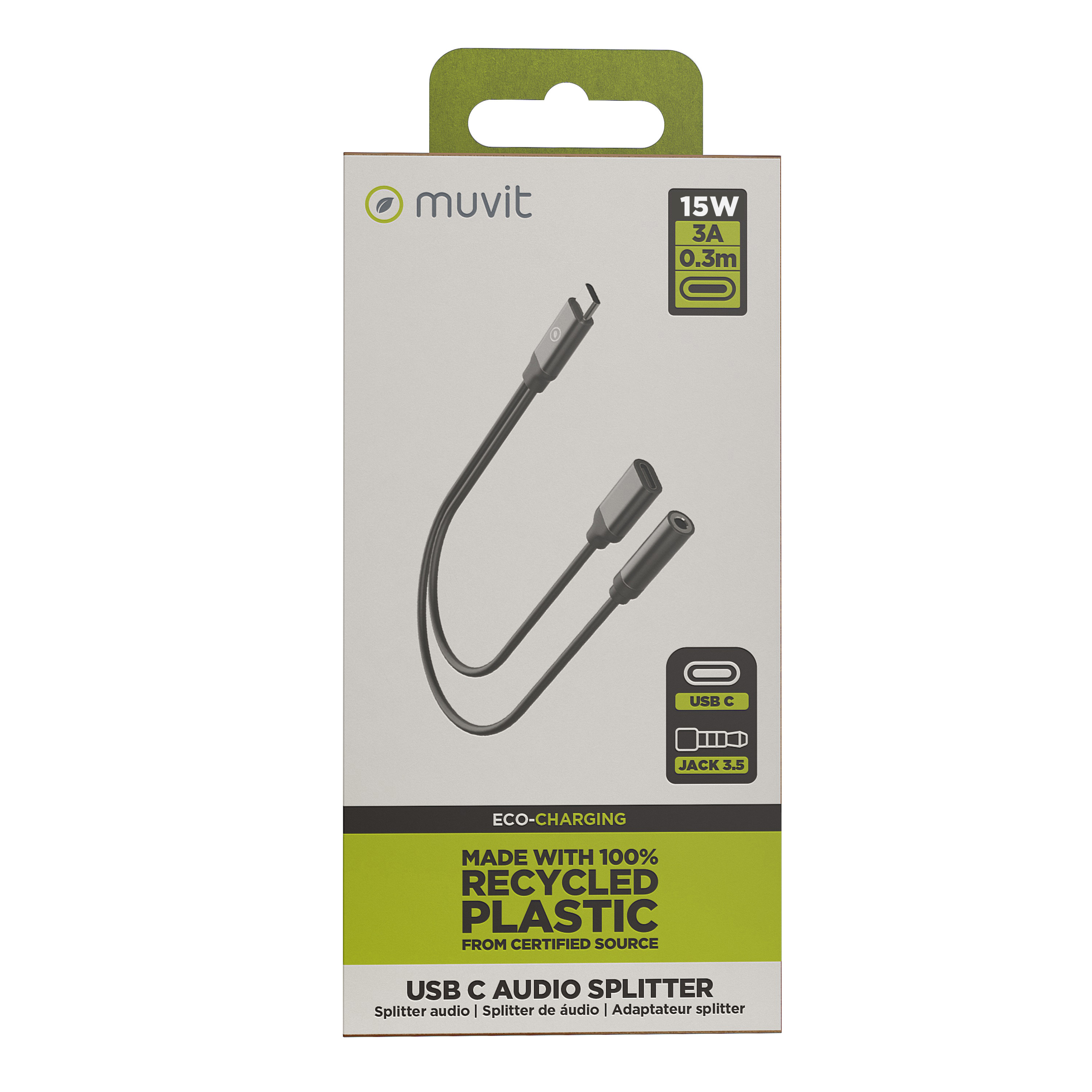 Sdoppiatore audio USB C in una scatola, realizzato con plastica riciclata, con jack e USB-C.