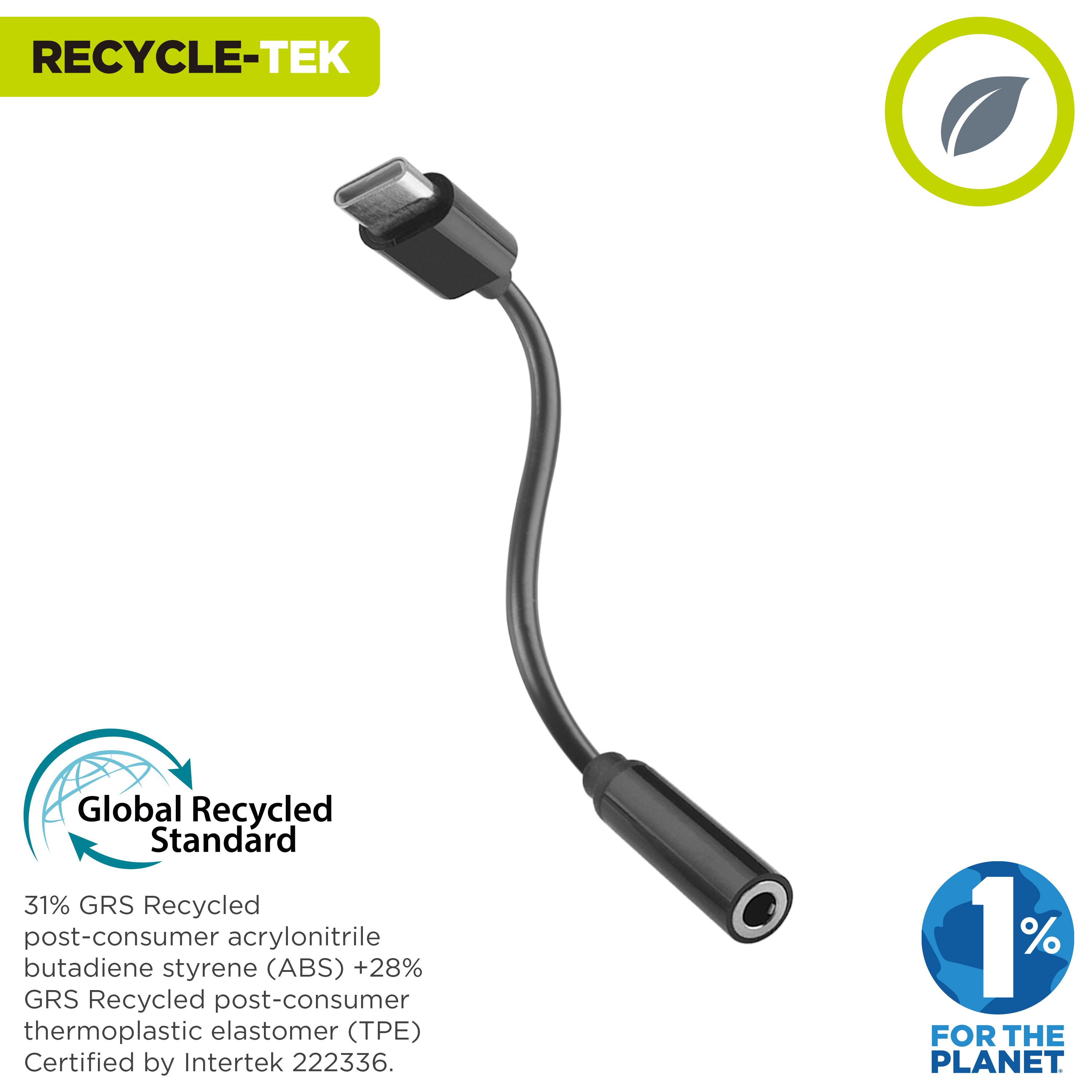 Adattatore nero con USB-C e jack 3,5 mm. Confezione con testo e loghi per contenuto riciclato.