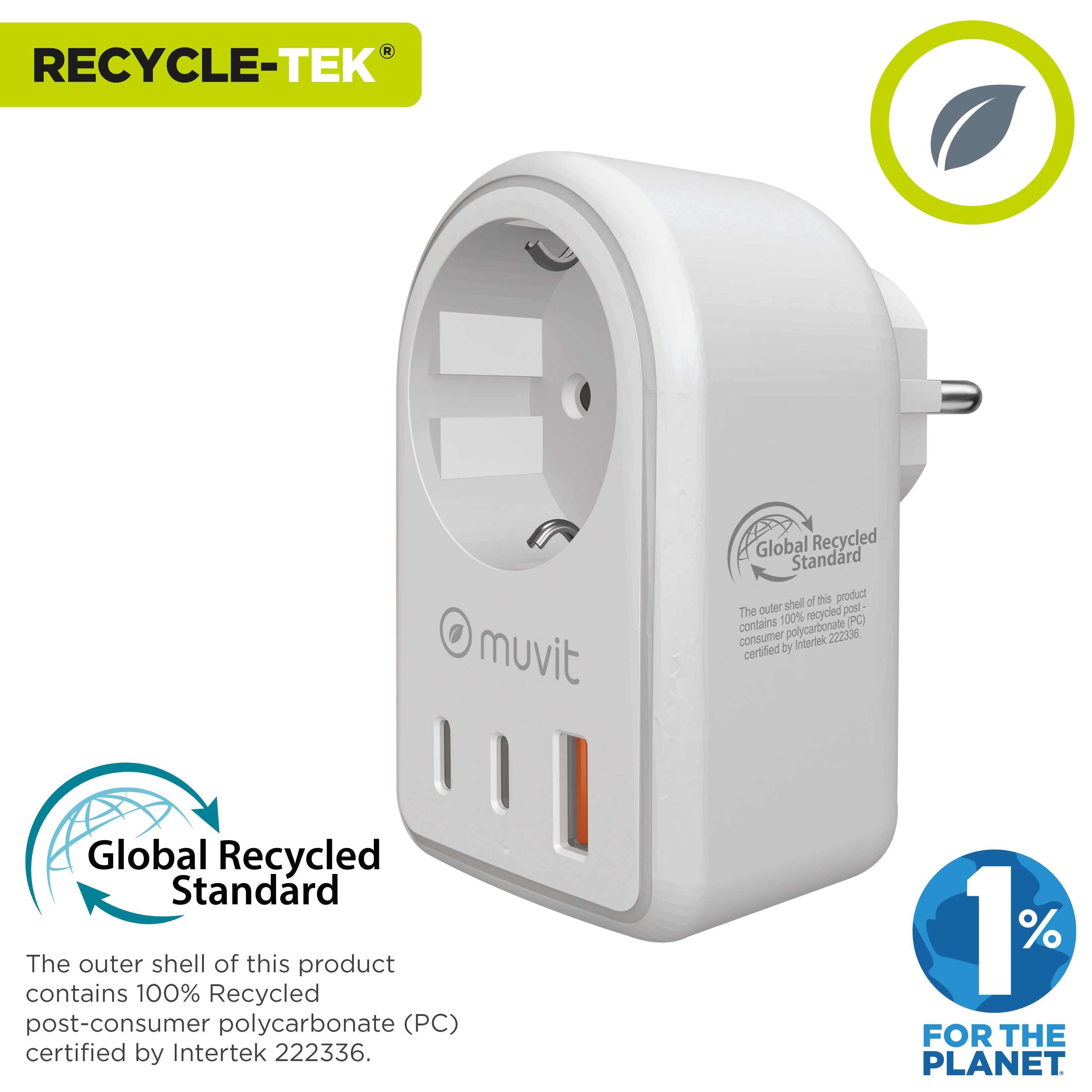 Un cargador de pared blanco con puerto USB-C y dos enchufes europeos. Tiene logotipos de reciclaje.