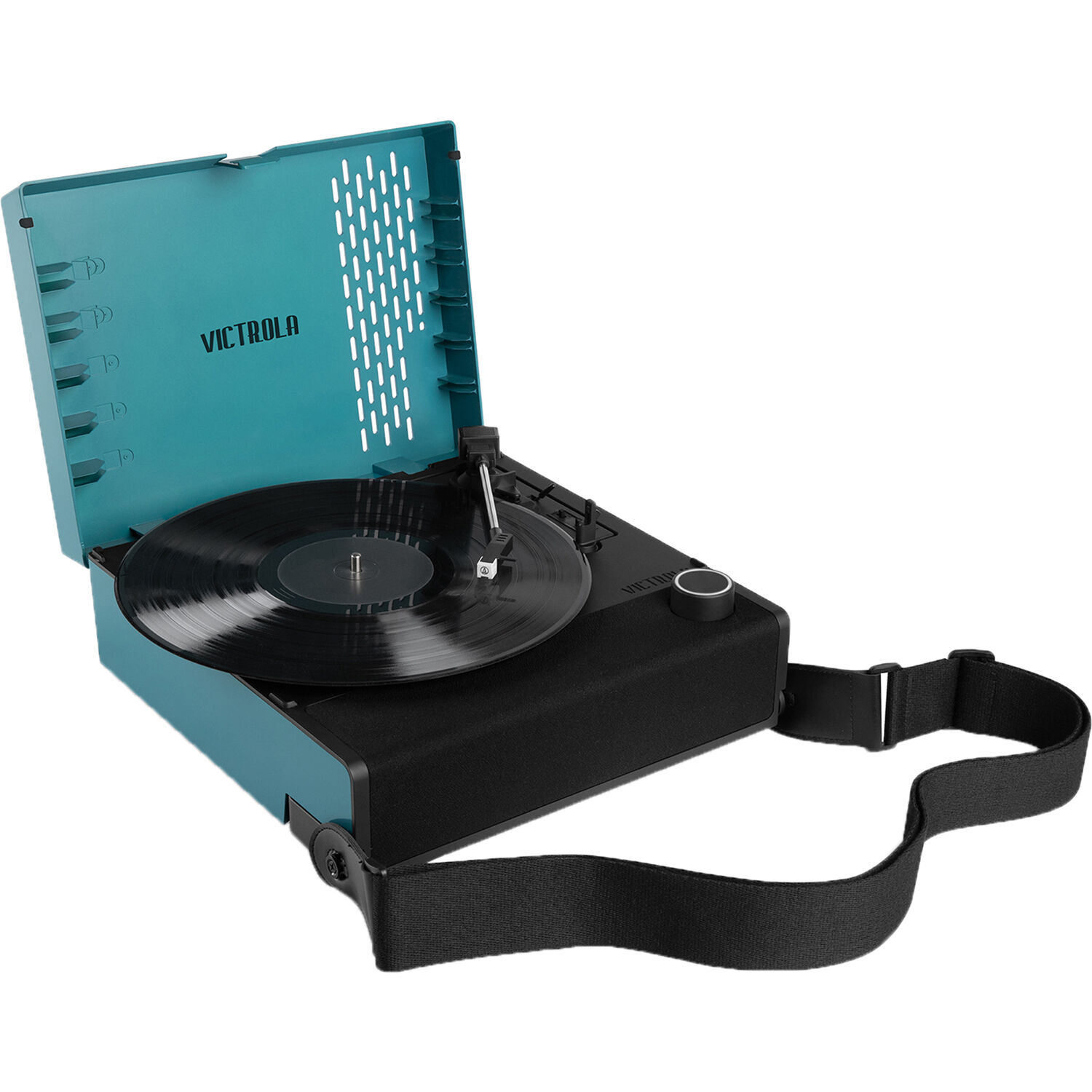 Giradischi Victrola turchese e nero, aperto. Include un disco nero e una cinghia nera.