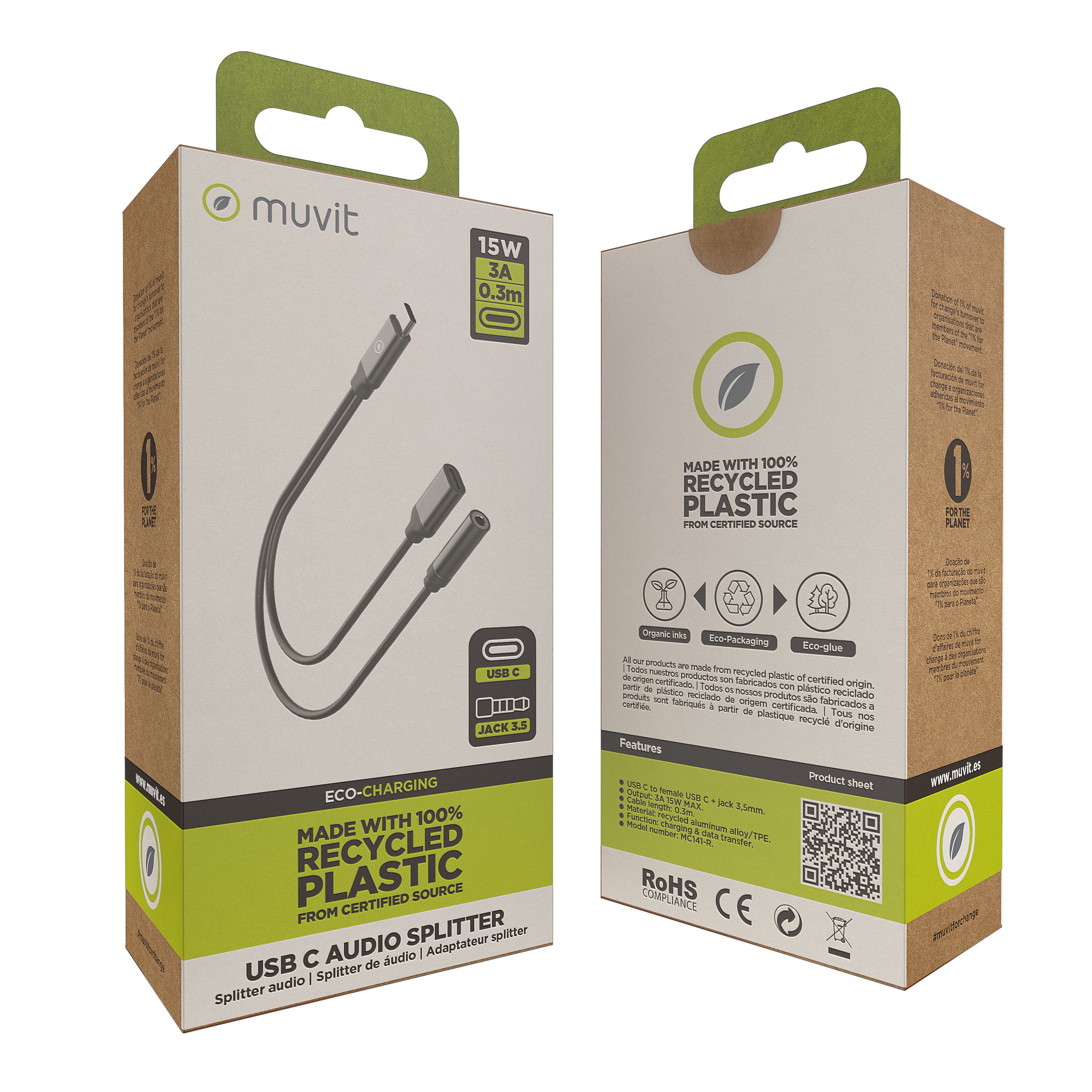Scatole prodotto con uno splitter audio USB-C. Testo e loghi per plastica riciclata ed eco-charging.