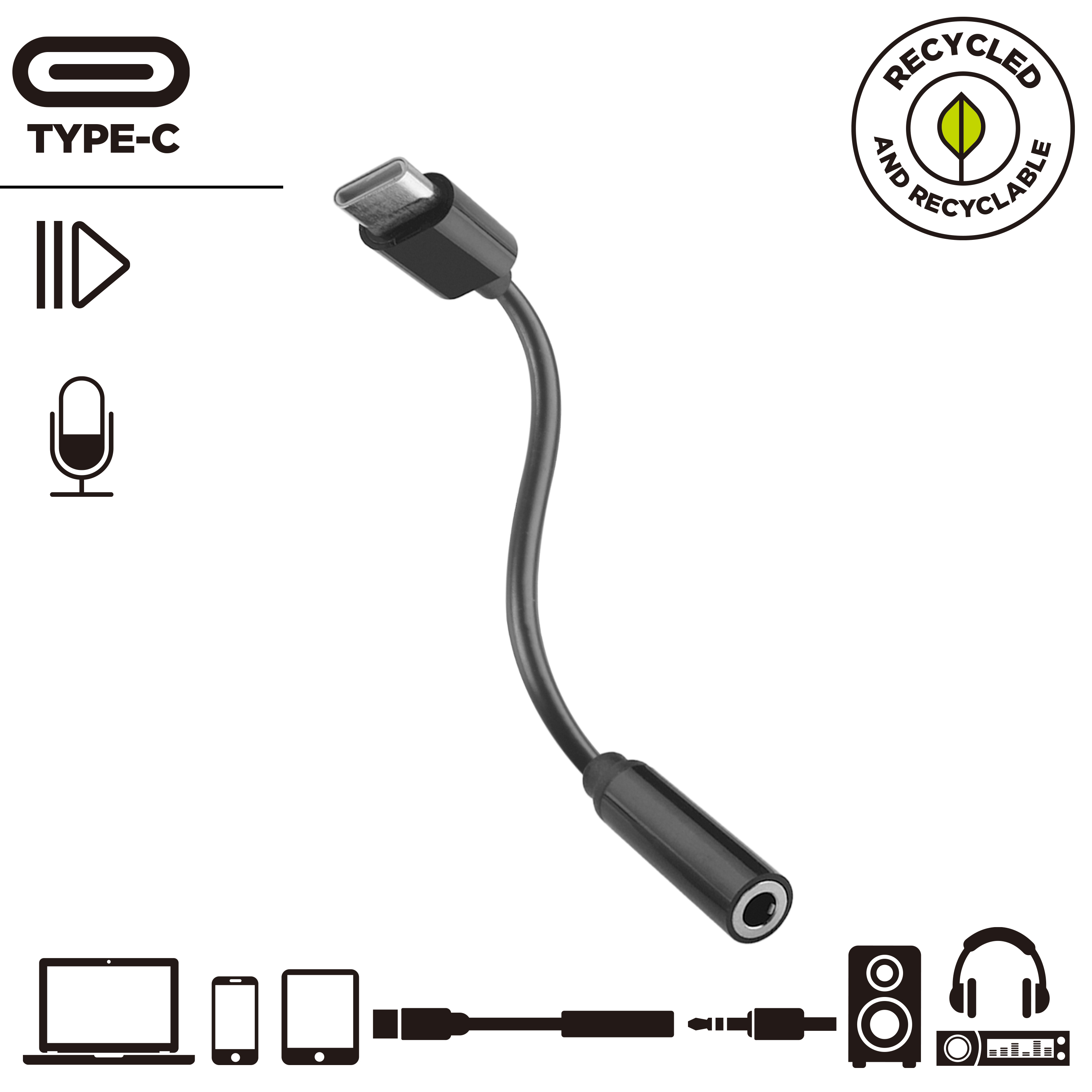 Adattatore audio da USB-C a 3,5 mm nero con jack nero e connettore USB-C.