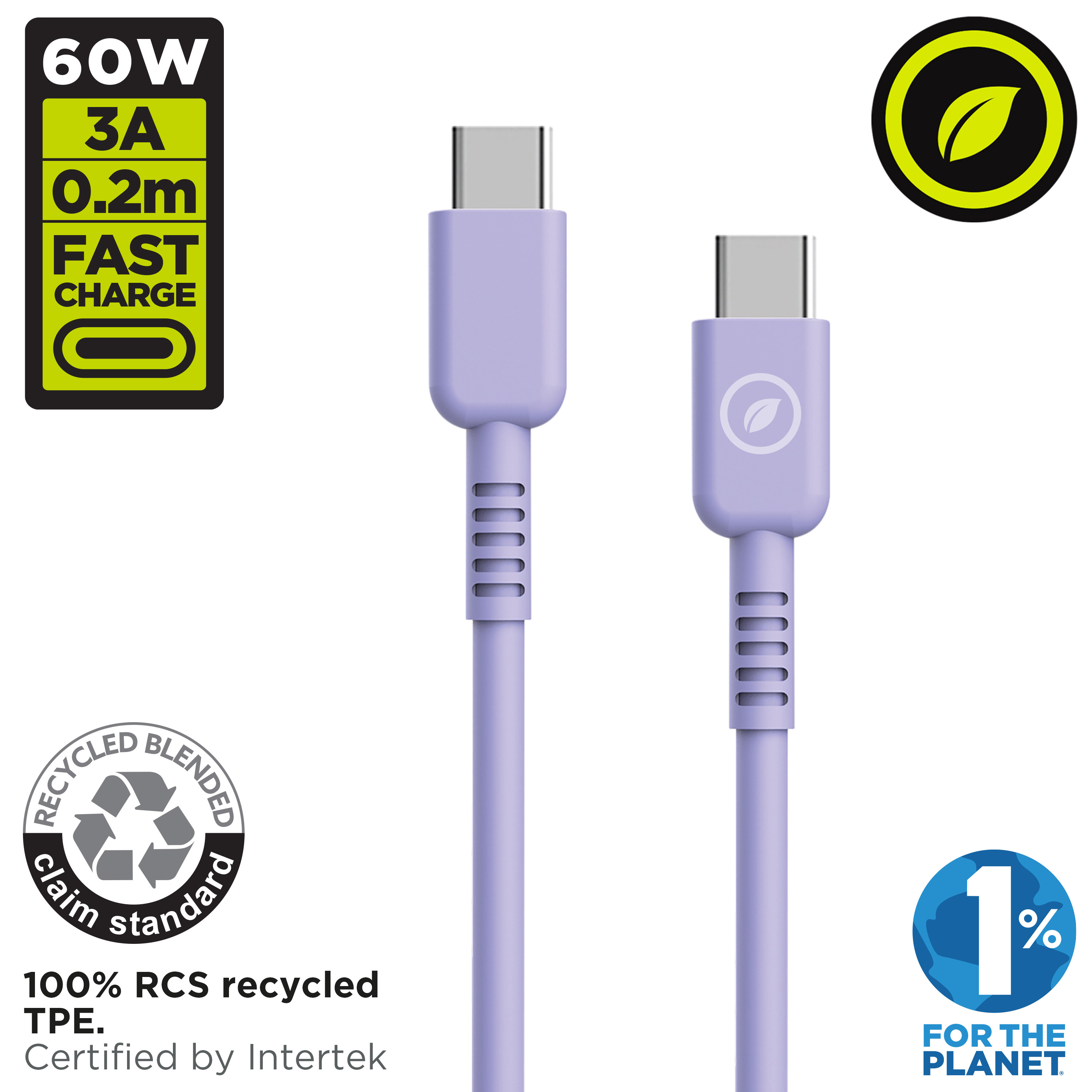 Un cable USB-C morado con detalles de carga rápida y logotipos de reciclaje.