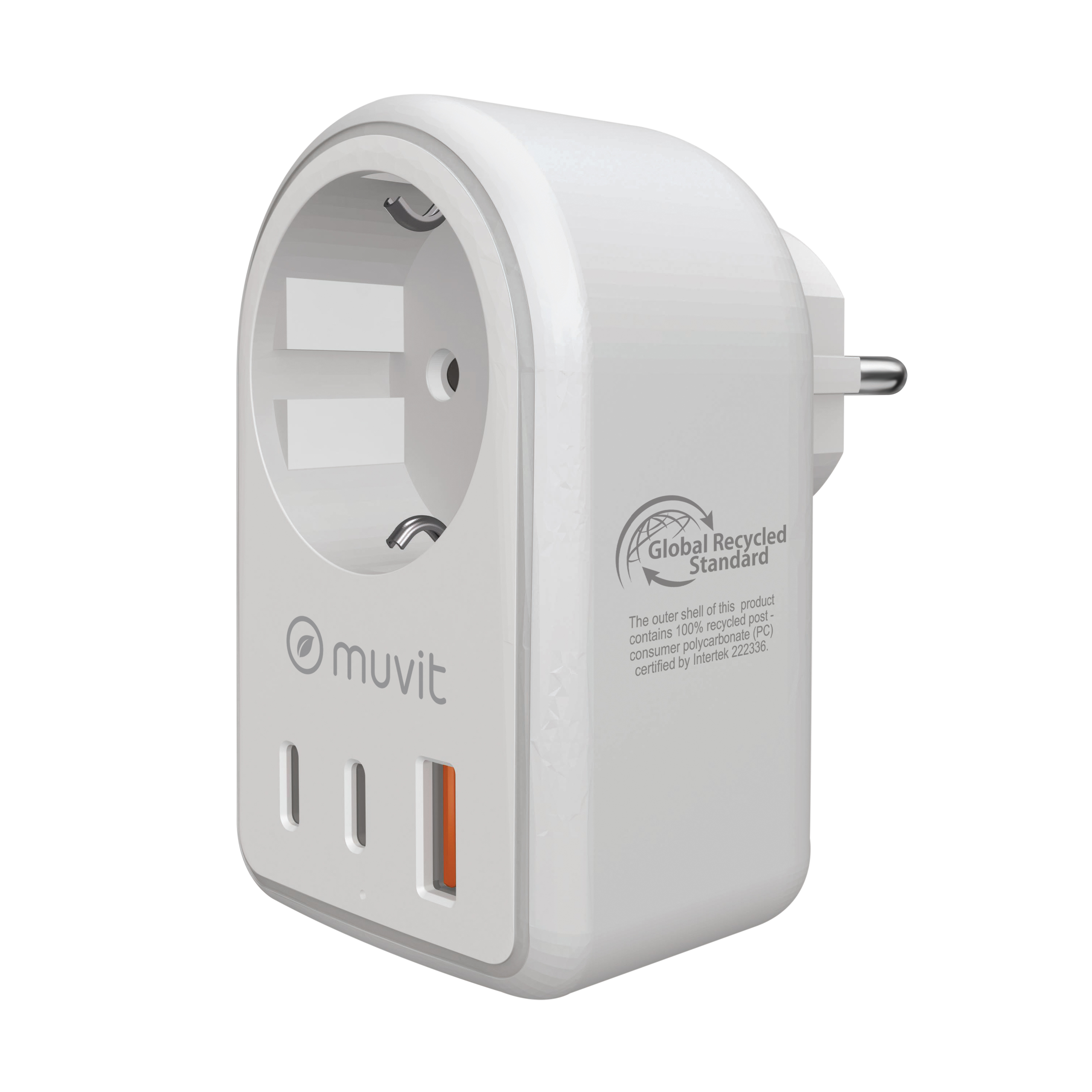 Adaptador blanco con dos puertos USB-A, un puerto USB-C. Texto y logotipos visibles.