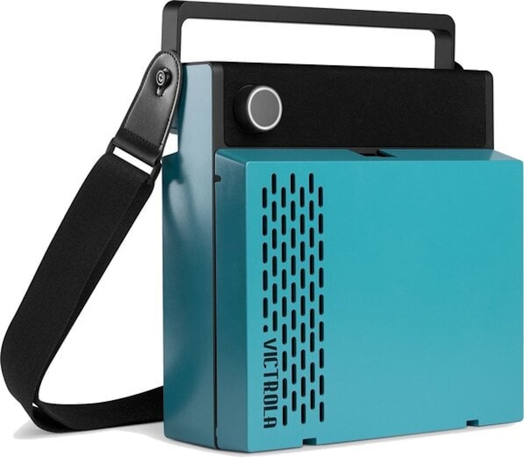Altoparlante portatile blu e nero con cinturino. Una maniglia nera e una manopola del volume sono visibili.