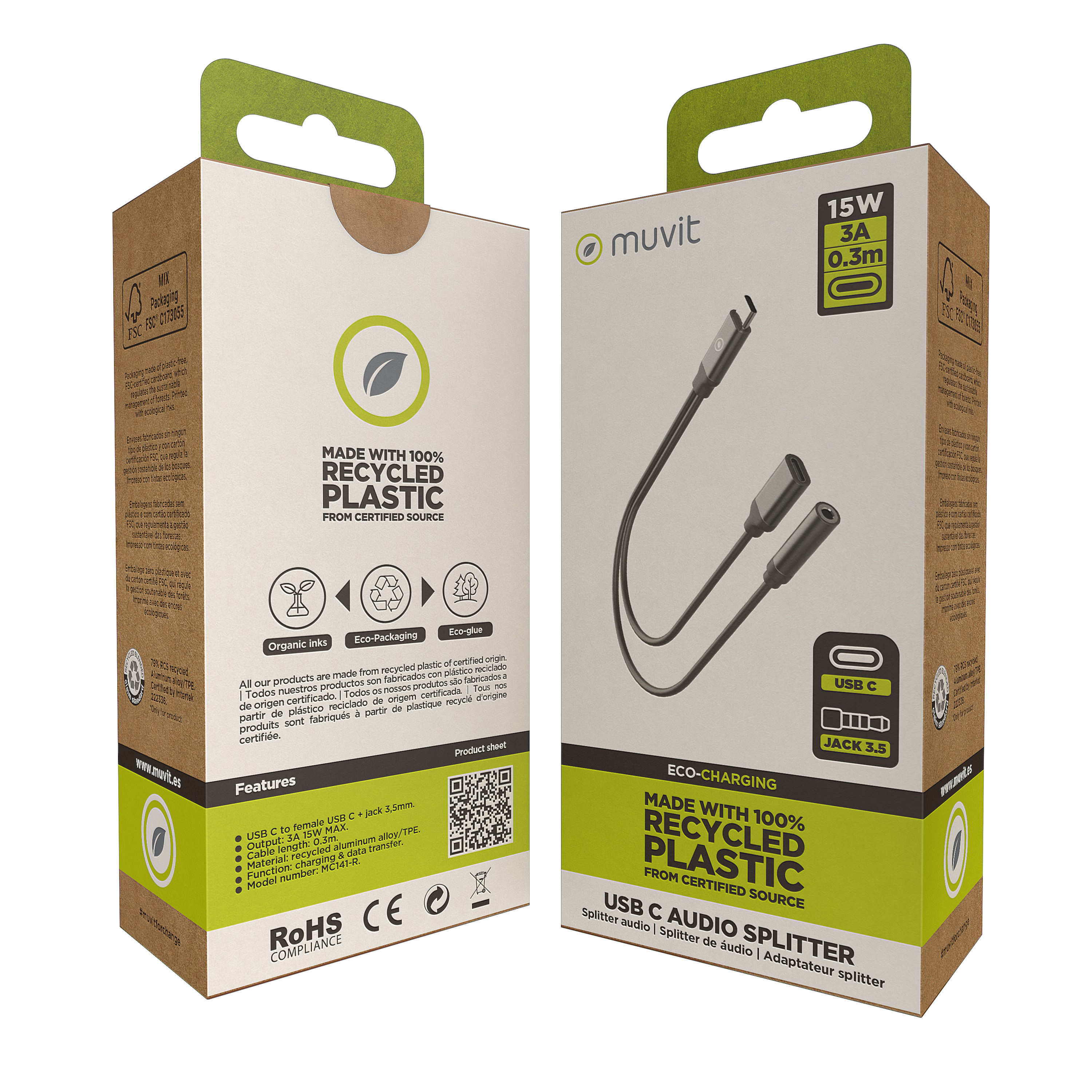 Due scatole con splitter per cavi. Testo: Eco-ricarica, realizzato con plastica riciclata al 100%. Splitter audio USB C.