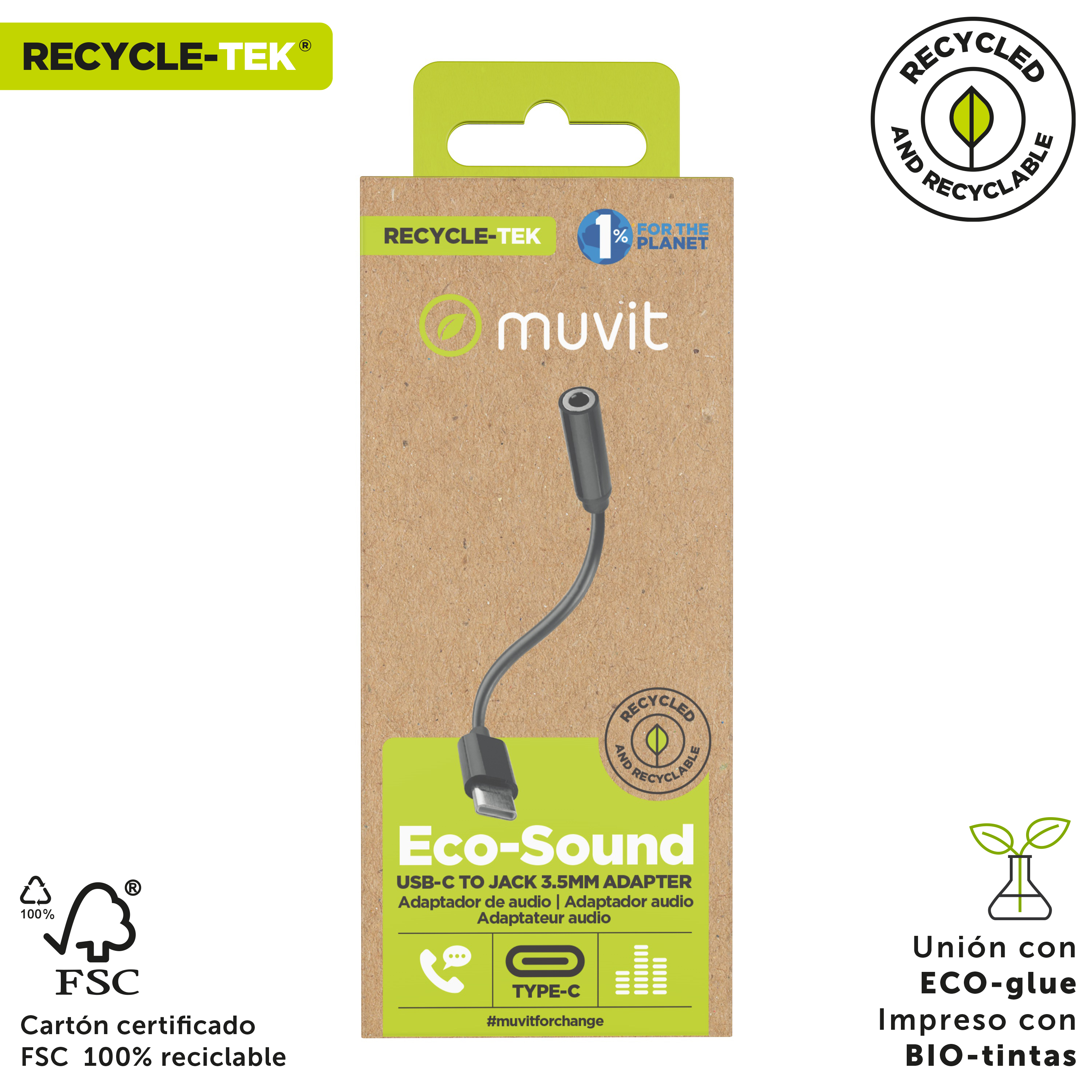 Scatola con adattatore da USB-C a jack da 3,5 mm. Testo sulla scatola: Eco-Sound. Realizzato con materiali riciclati.