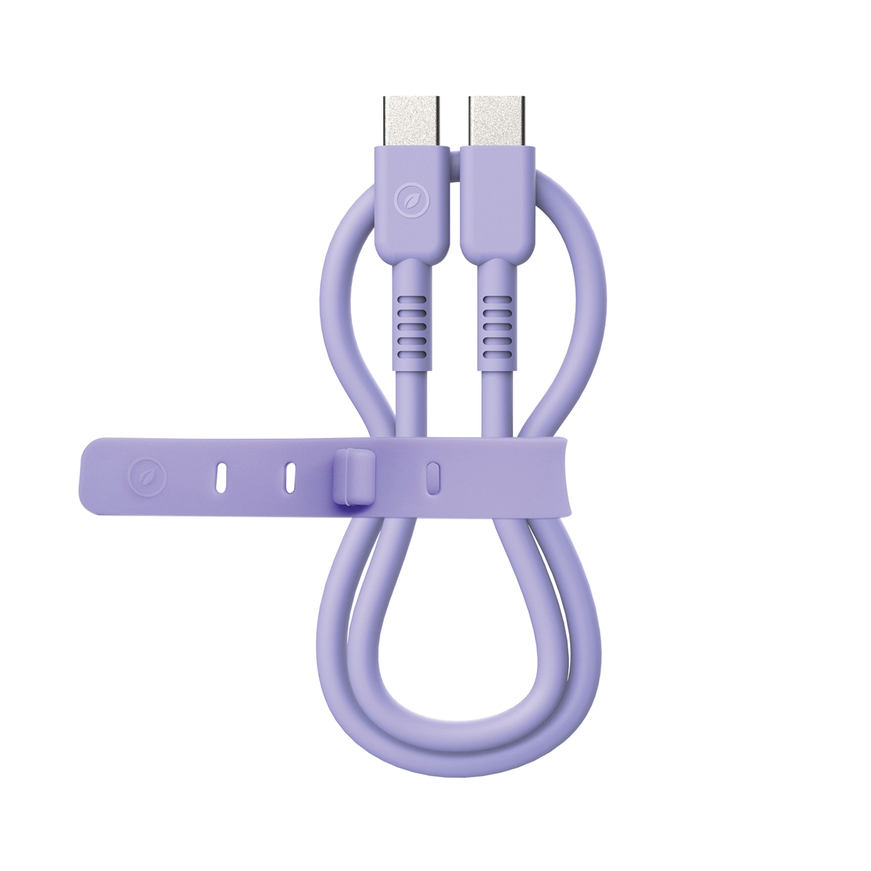 Dos cables USB-C morados claros conectados con una correa morada clara. Los cables forman un ocho.