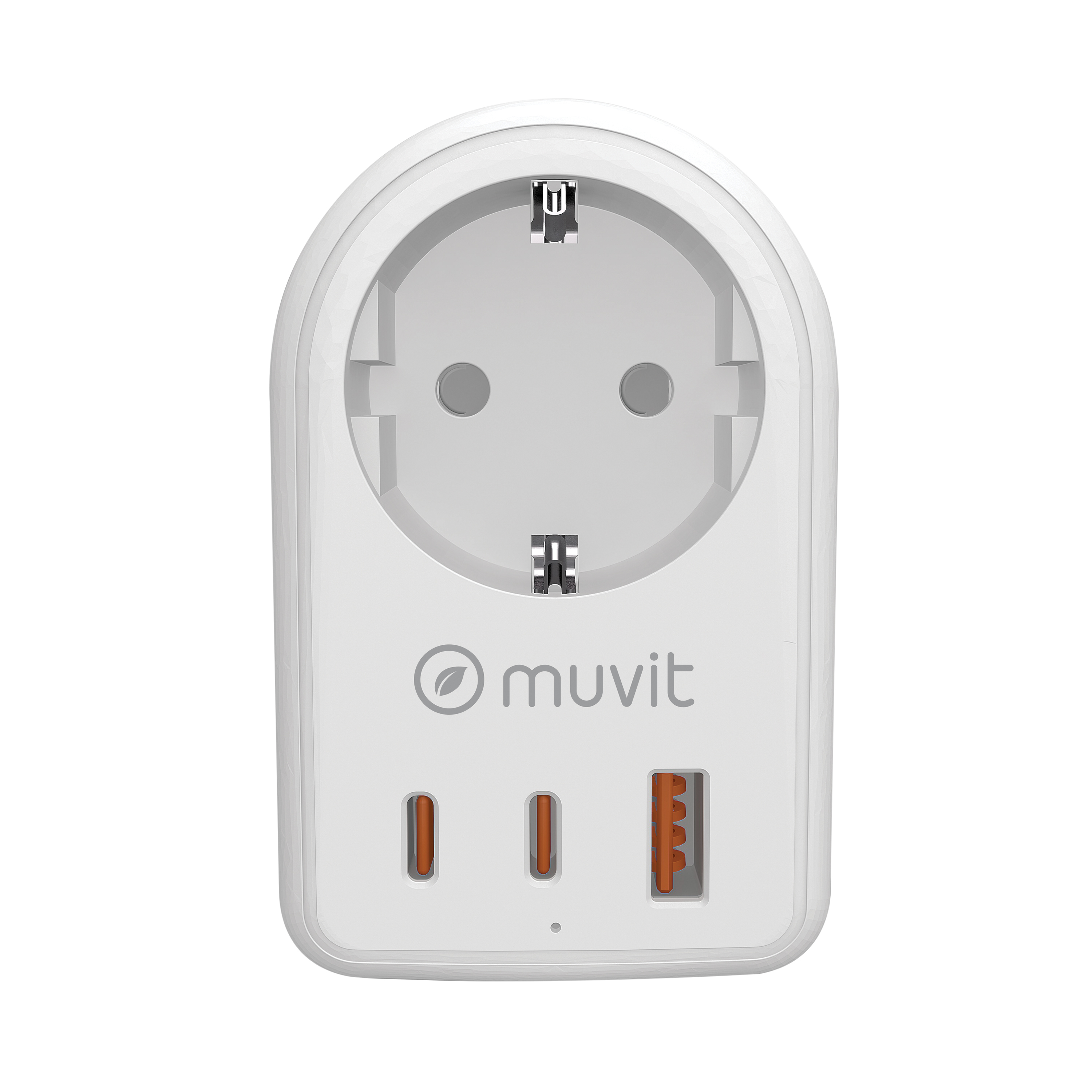 Un enchufe de pared blanco con dos puertos USB-C y un puerto USB. La marca es Muvit.