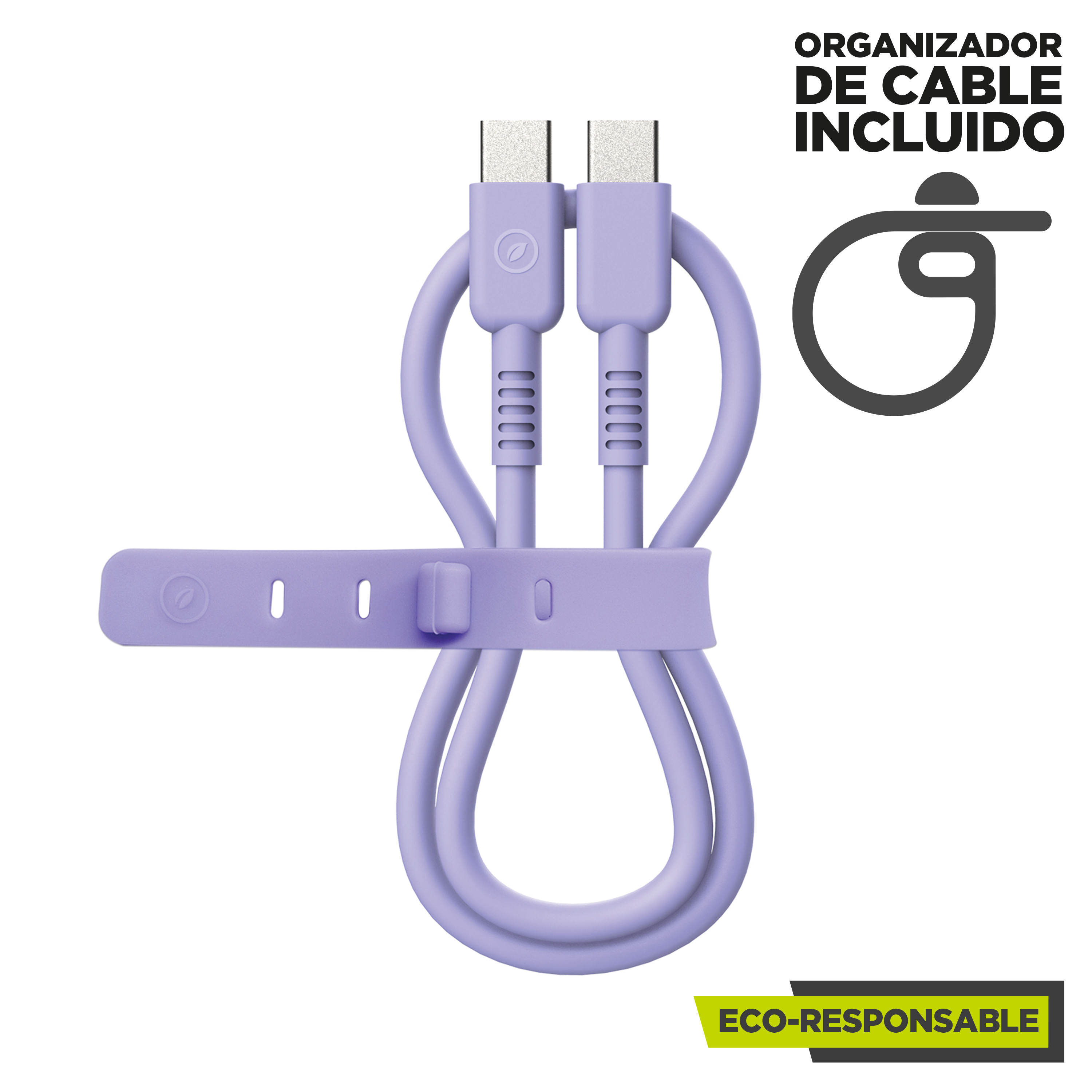 Dos cables USB-C morados claros conectados con una correa morada clara. Los cables forman un ocho.