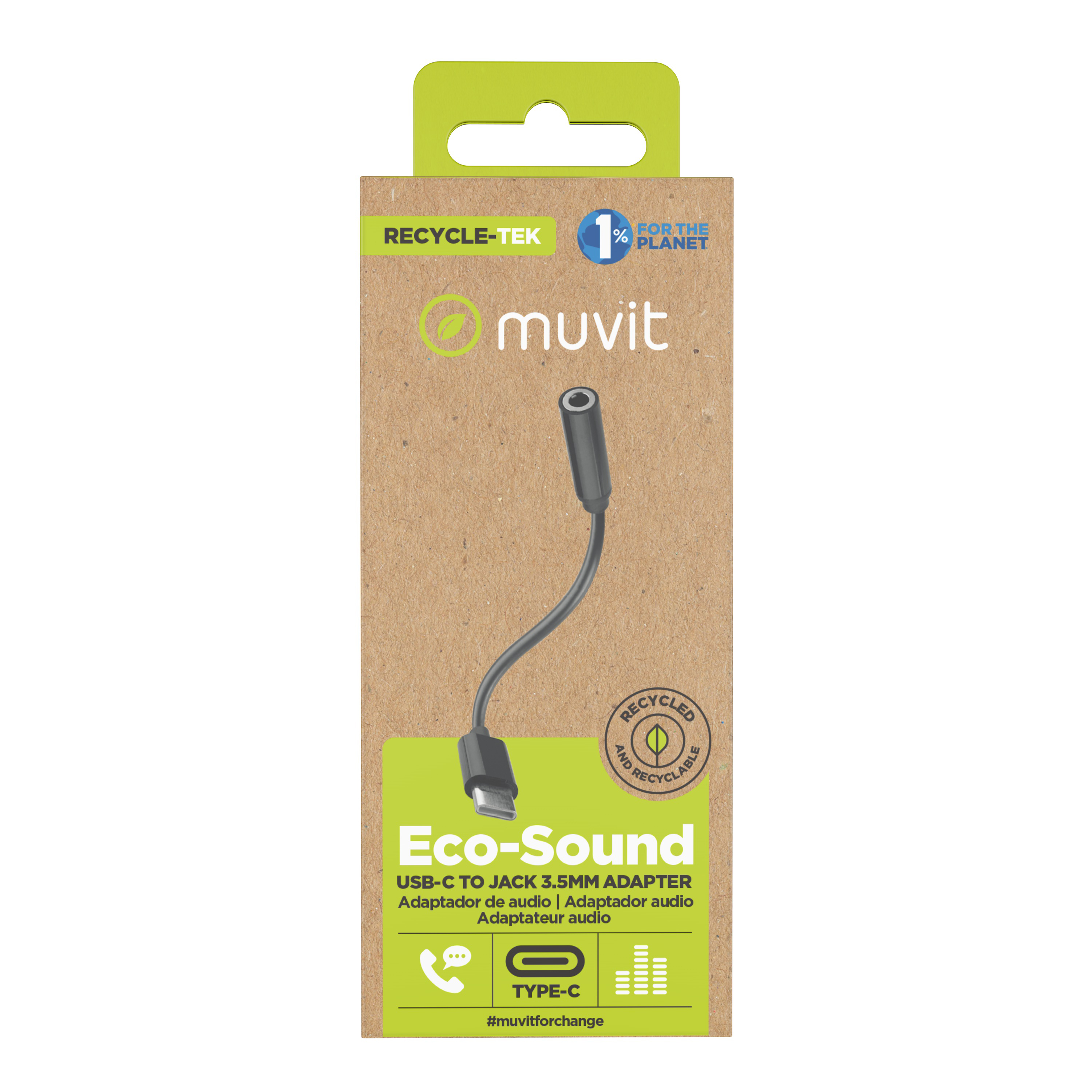 Un adattatore Muvit Eco-Sound USB-C a jack da 3,5 mm. La confezione è prevalentemente marrone.