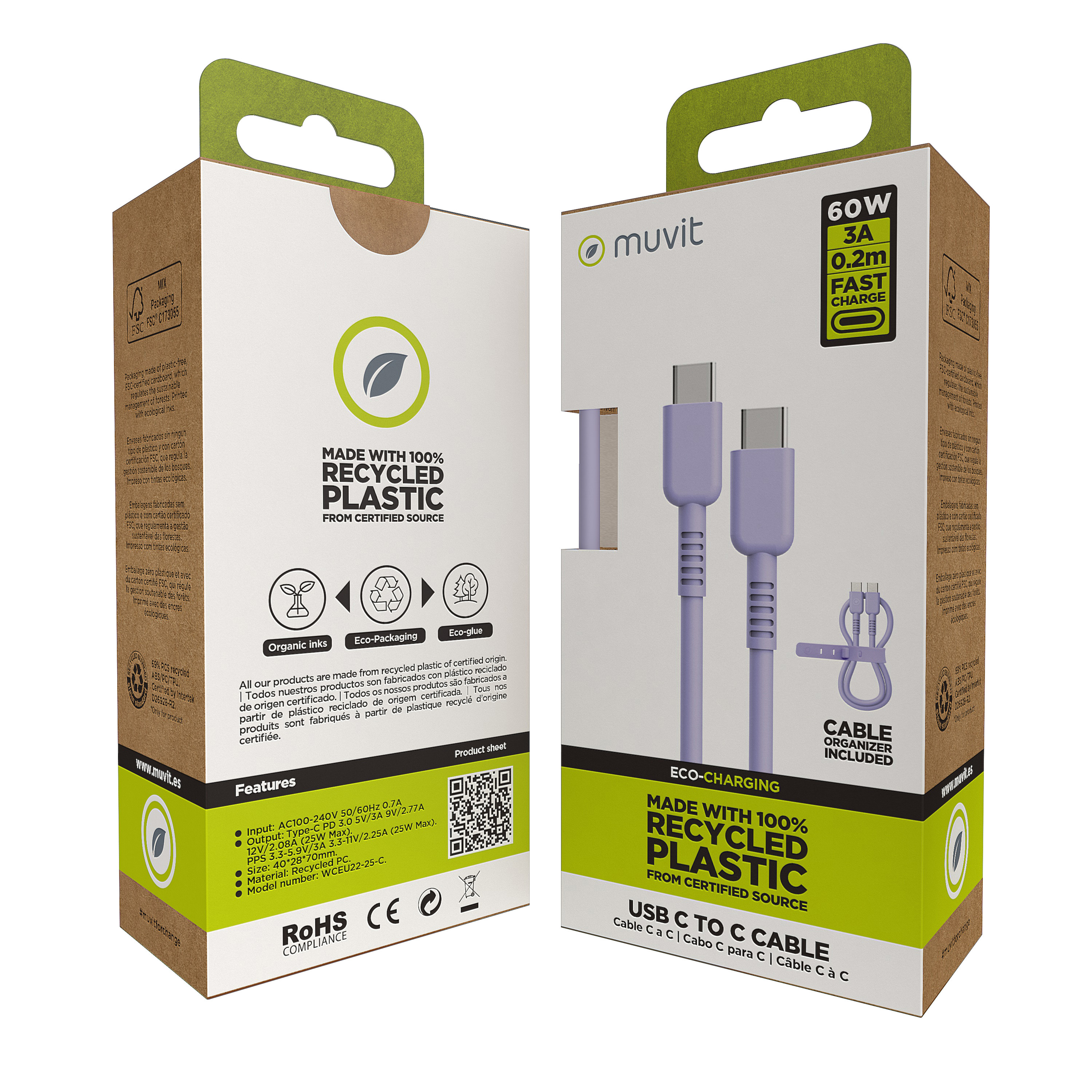 Dos cajas de cables USB-C a USB-C reciclados. Las cajas son blancas y verdes, y muestran los cables.