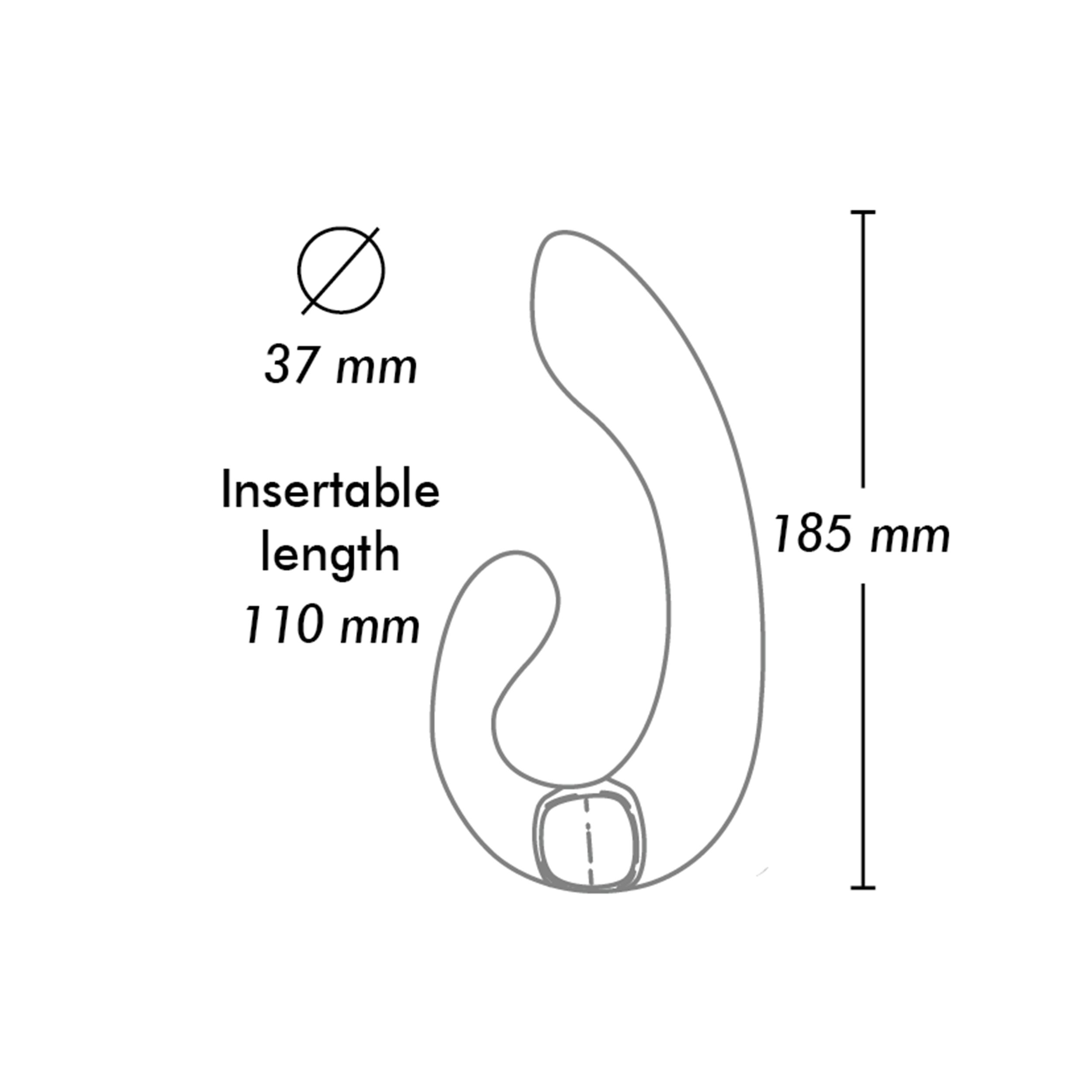 Un diagrama que muestra las dimensiones de un juguete sexual. Tiene forma curva.