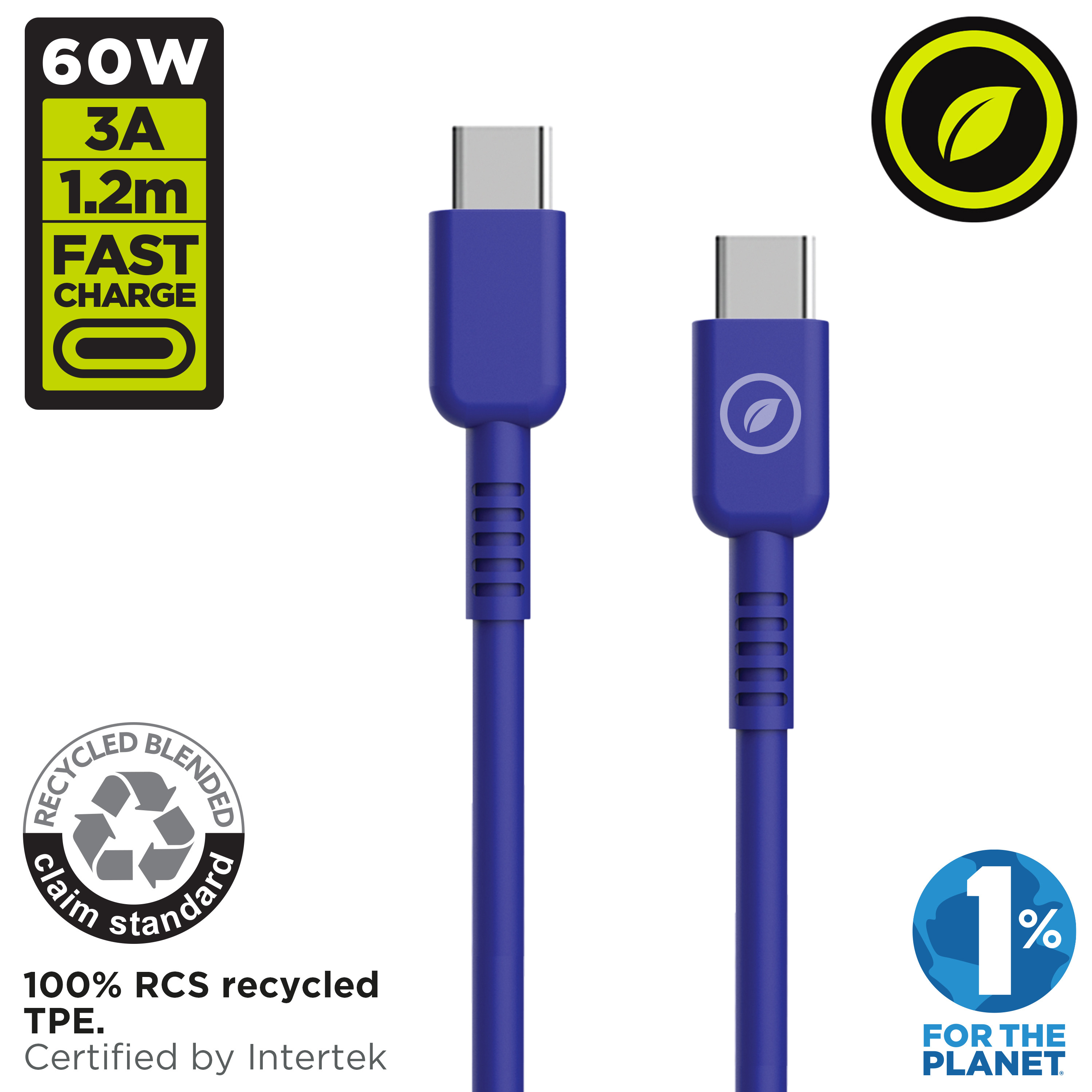 Dos cables USB-C azules sobre un fondo blanco. Incluye un logotipo y texto verdes.