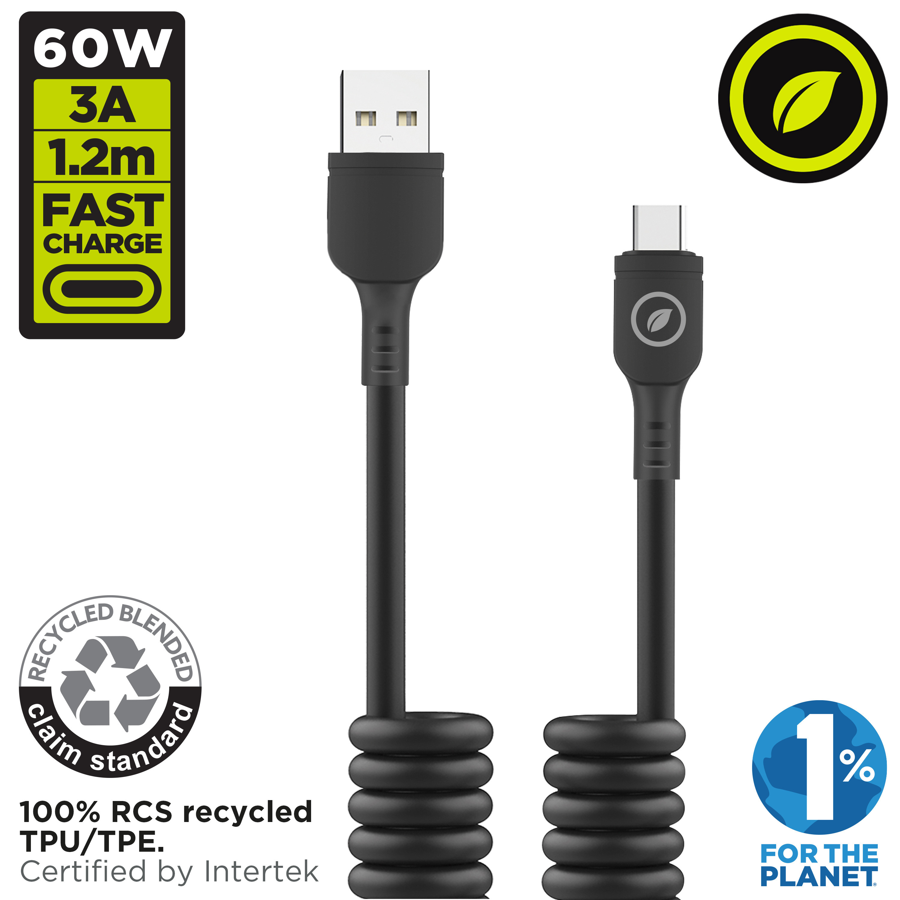 Dos cables USB negros, uno USB-A y otro USB-C. Tienen un diseño en espiral.