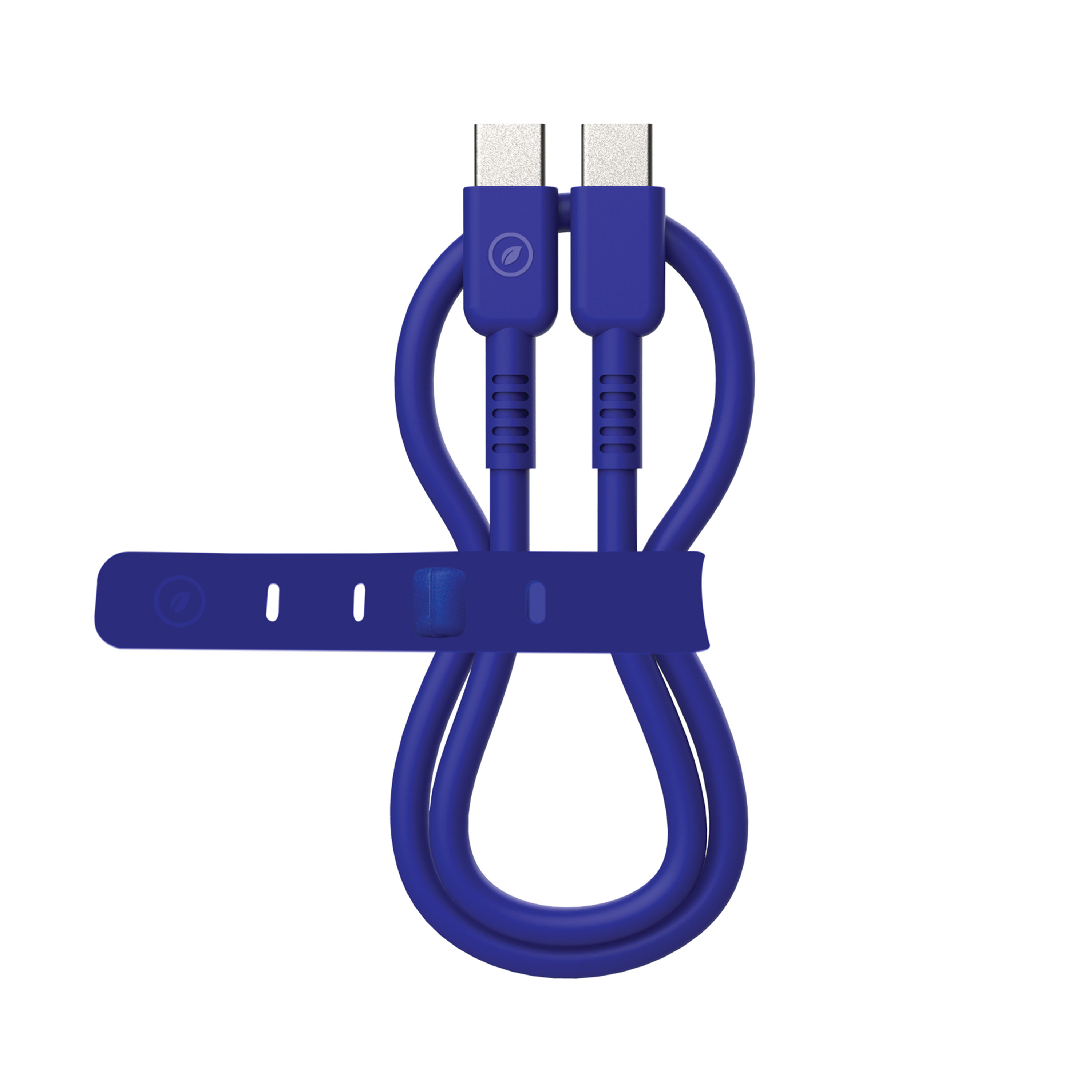Dos cables USB-C azules atados con una correa azul sobre un fondo blanco.
