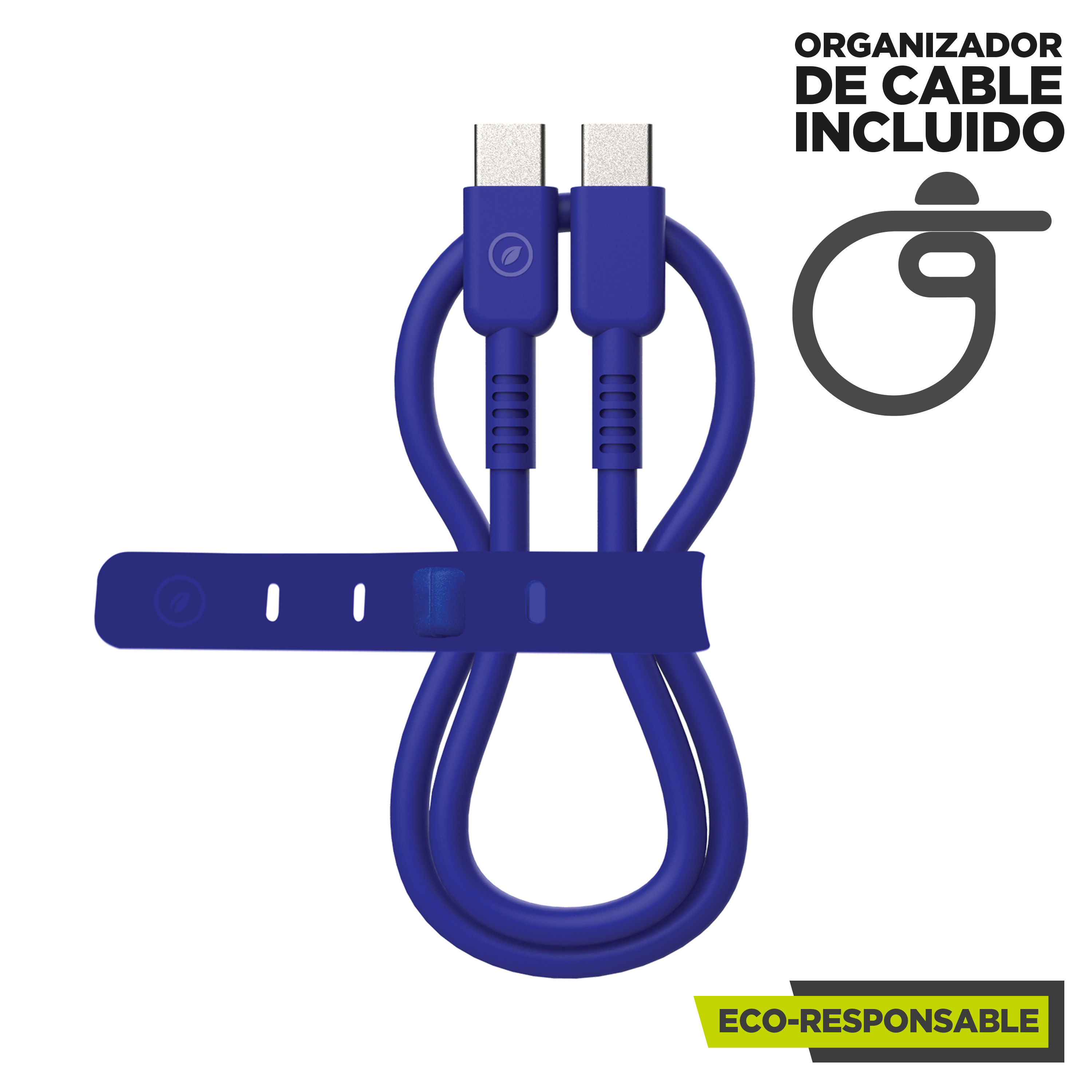 Dos cables USB-C azules atados con una correa azul sobre un fondo blanco. Incluye un organizador de cables.
