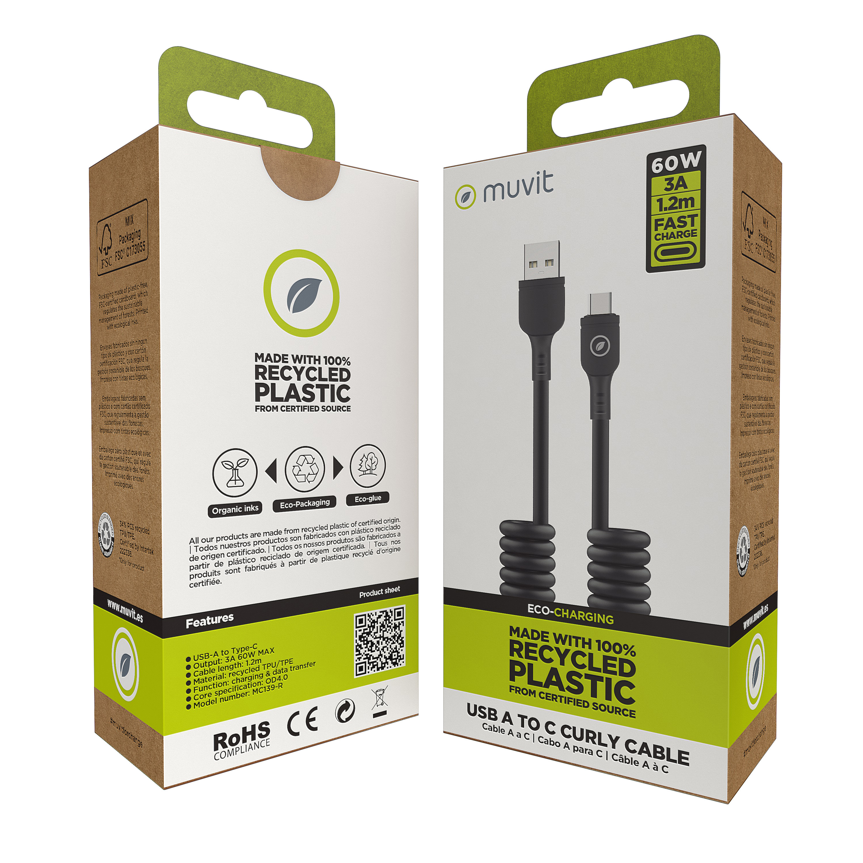 Dos cajas con un cable rizado USB a C negro, con información de embalaje. Fondo blanco.
