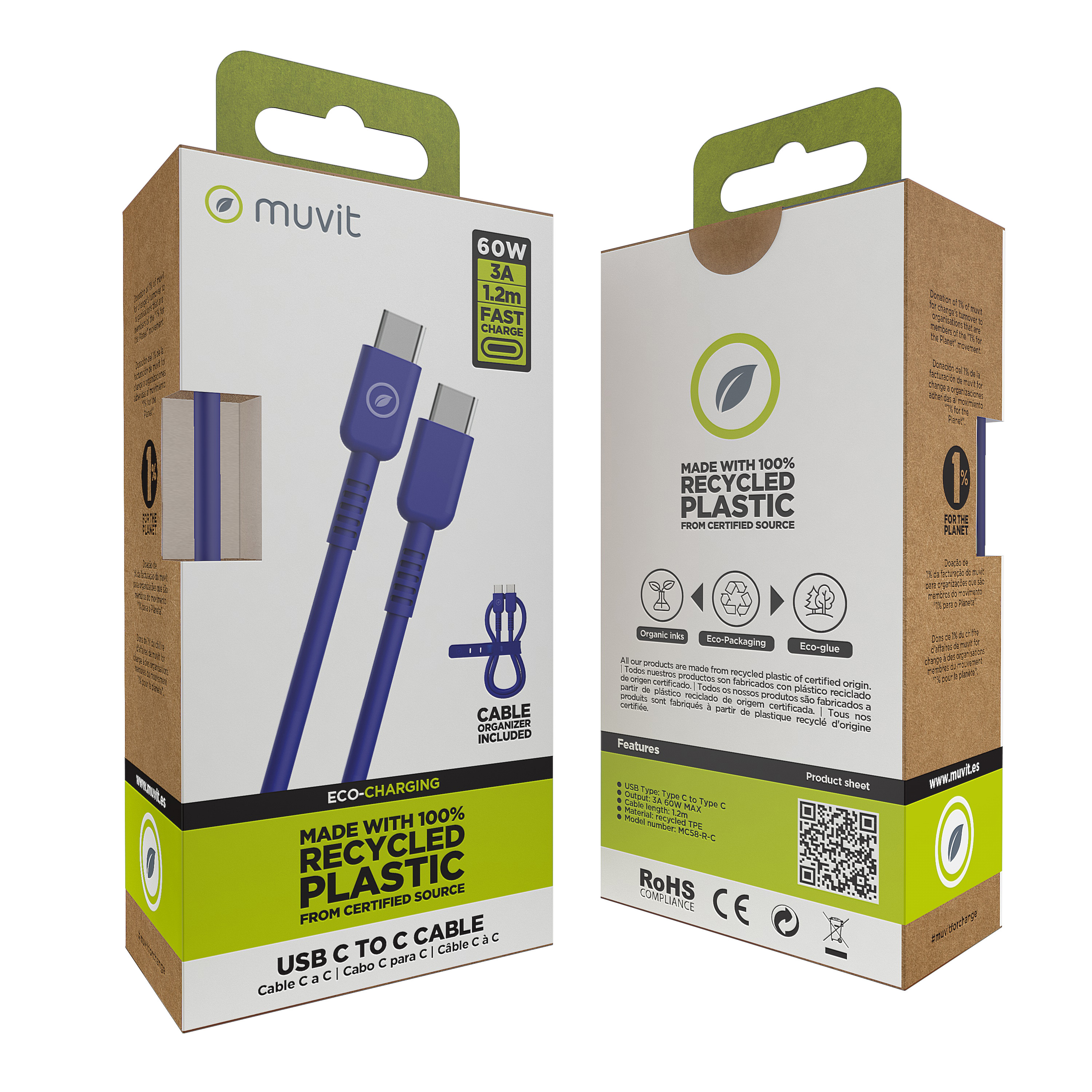 Dos cajas de un cable USB-C azul. El embalaje está hecho de plástico reciclado.