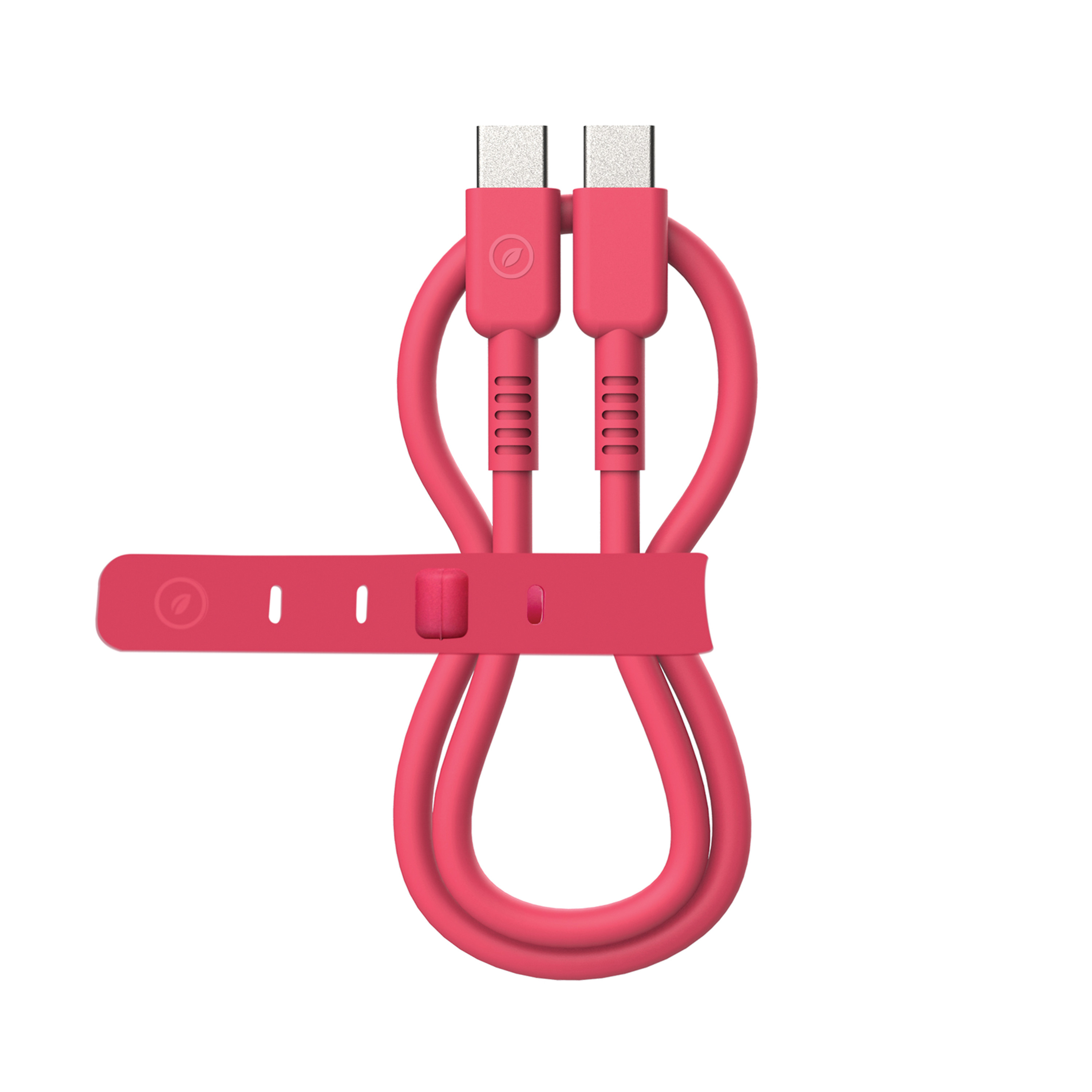 Un cable USB-C rosa doblado y asegurado con una correa rosa. Ambos extremos son visibles.