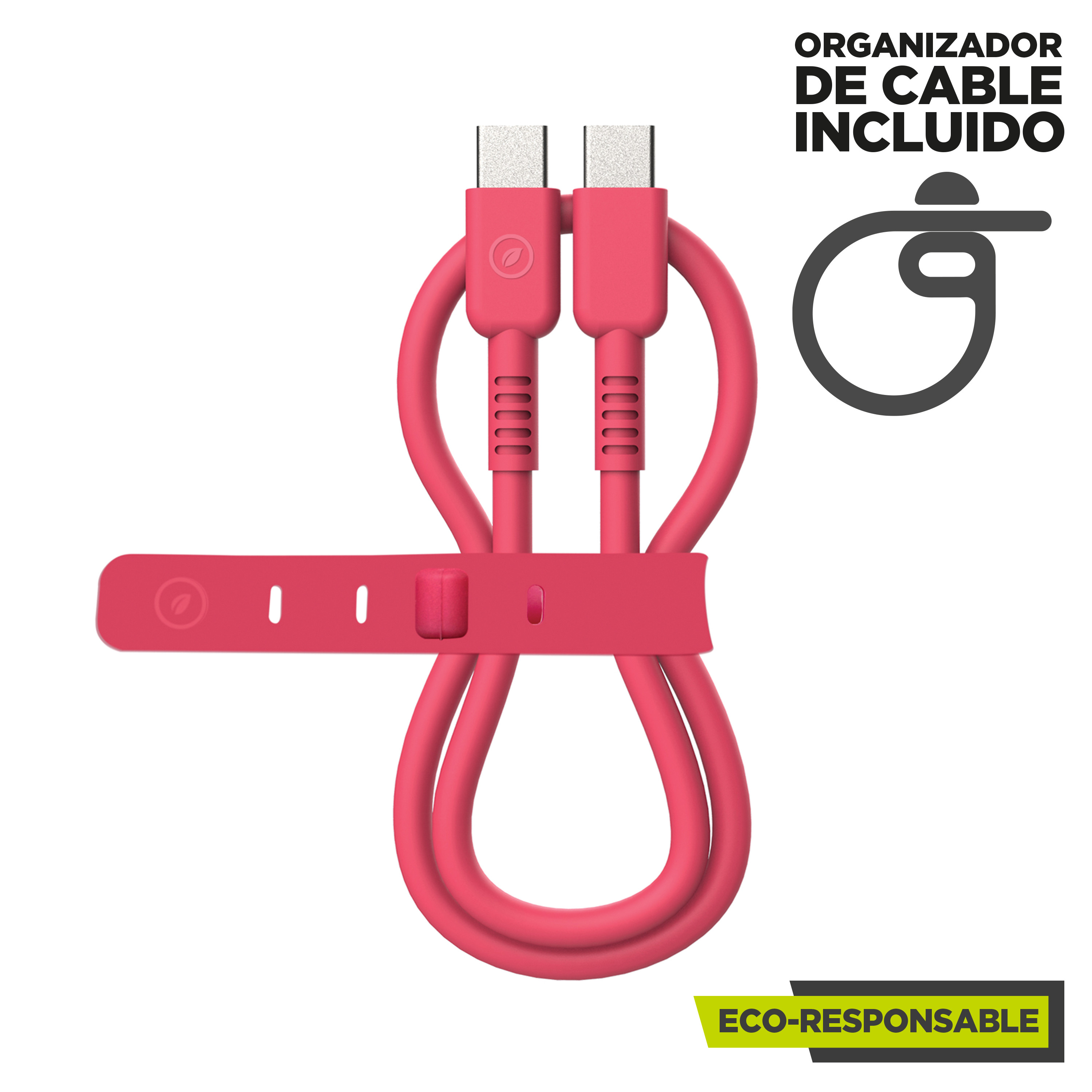 Un cable USB-C rosa doblado y asegurado con una correa rosa. Se muestran las palabras 'Eco-Responsable'.