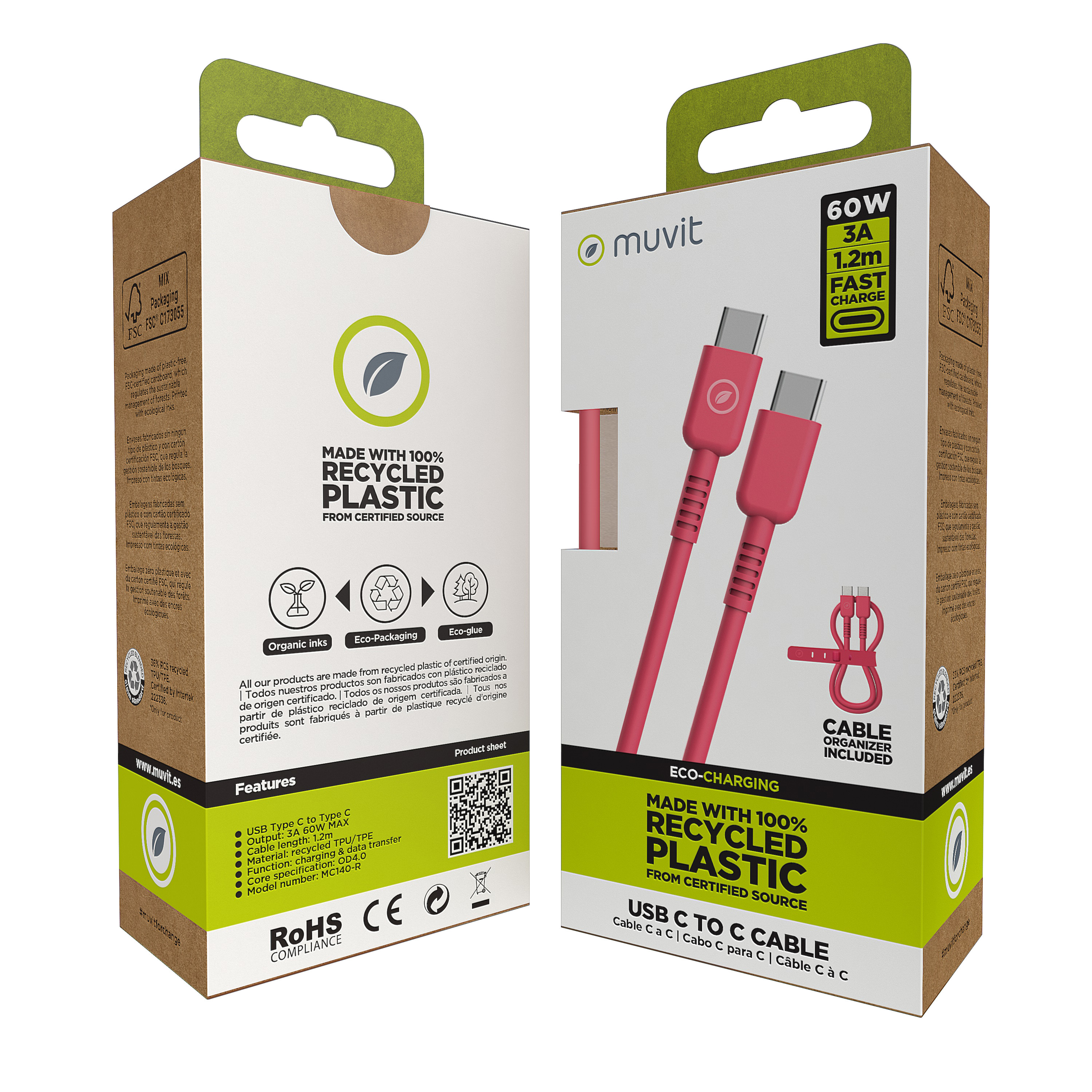 Dos cajas con un cable USB-C rosa, con información de embalaje. Fondo blanco.