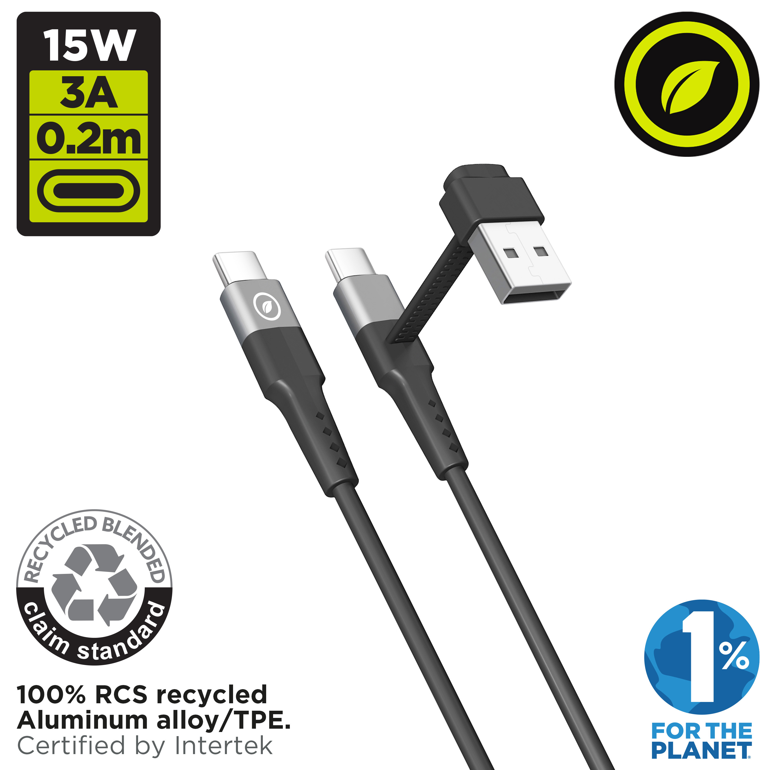 Dos cables USB negros y plateados. Uno conectado a un adaptador USB-A. La etiqueta dice 15W, 3A, 0,2 m y Carga Rápida.